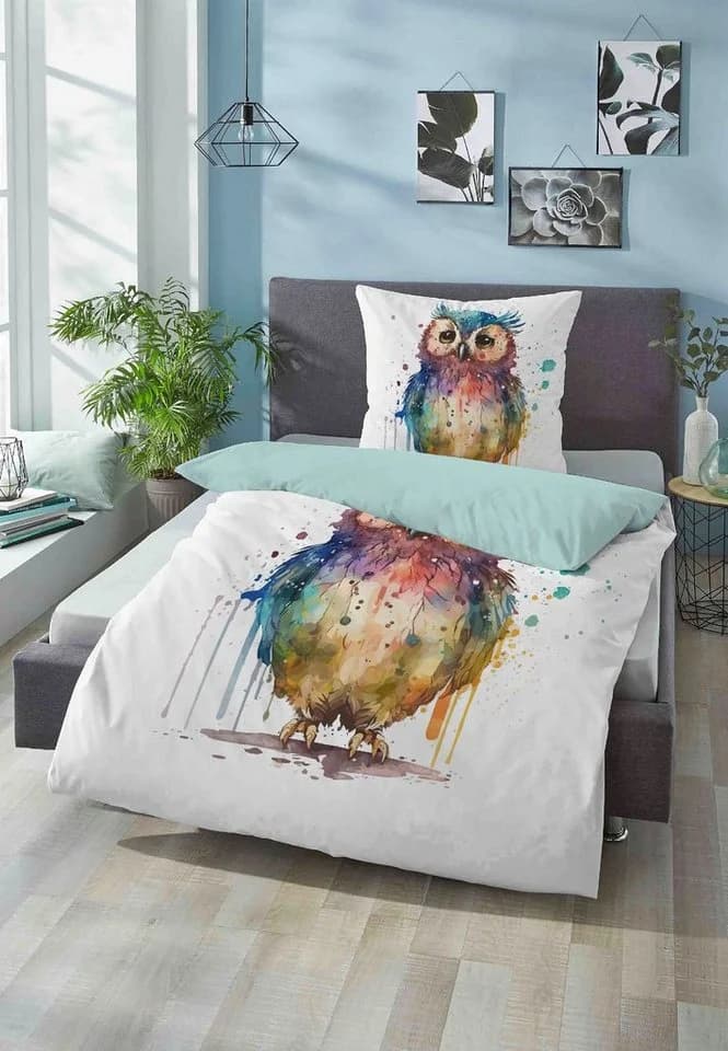 Biberna Wendebettwäsche Niko Bunt Eulendesign 100% Baumwolle