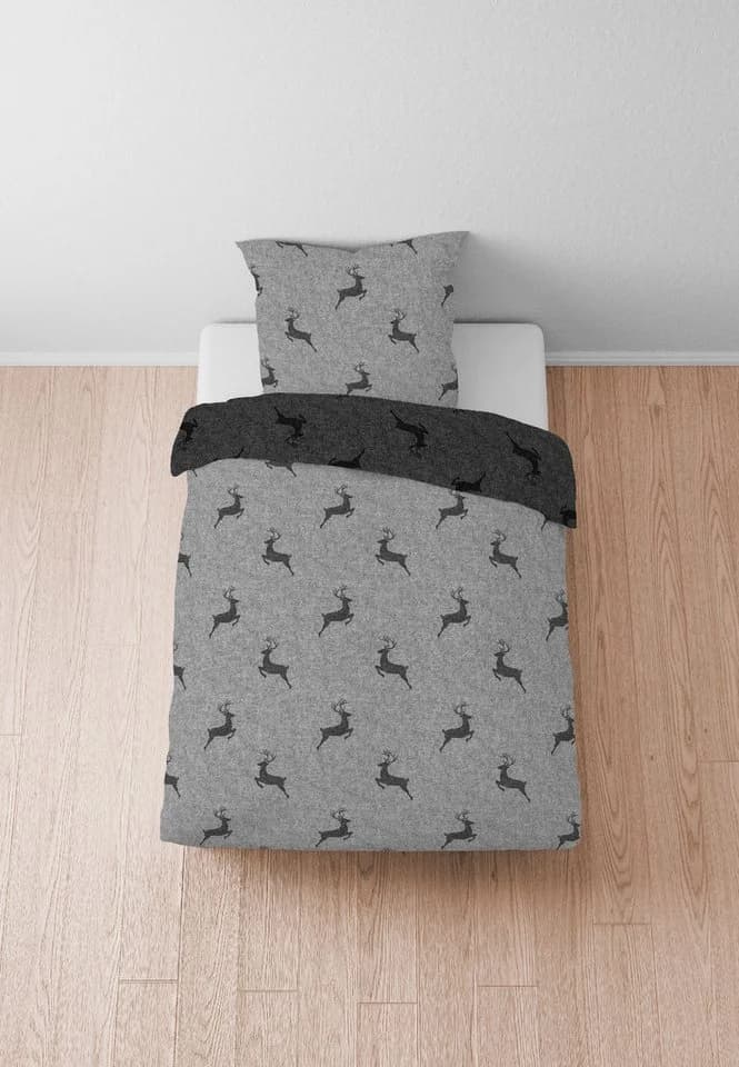 Biberna Wendebettwäsche Satin Grau Hirsch-Motiv 2-tlg.