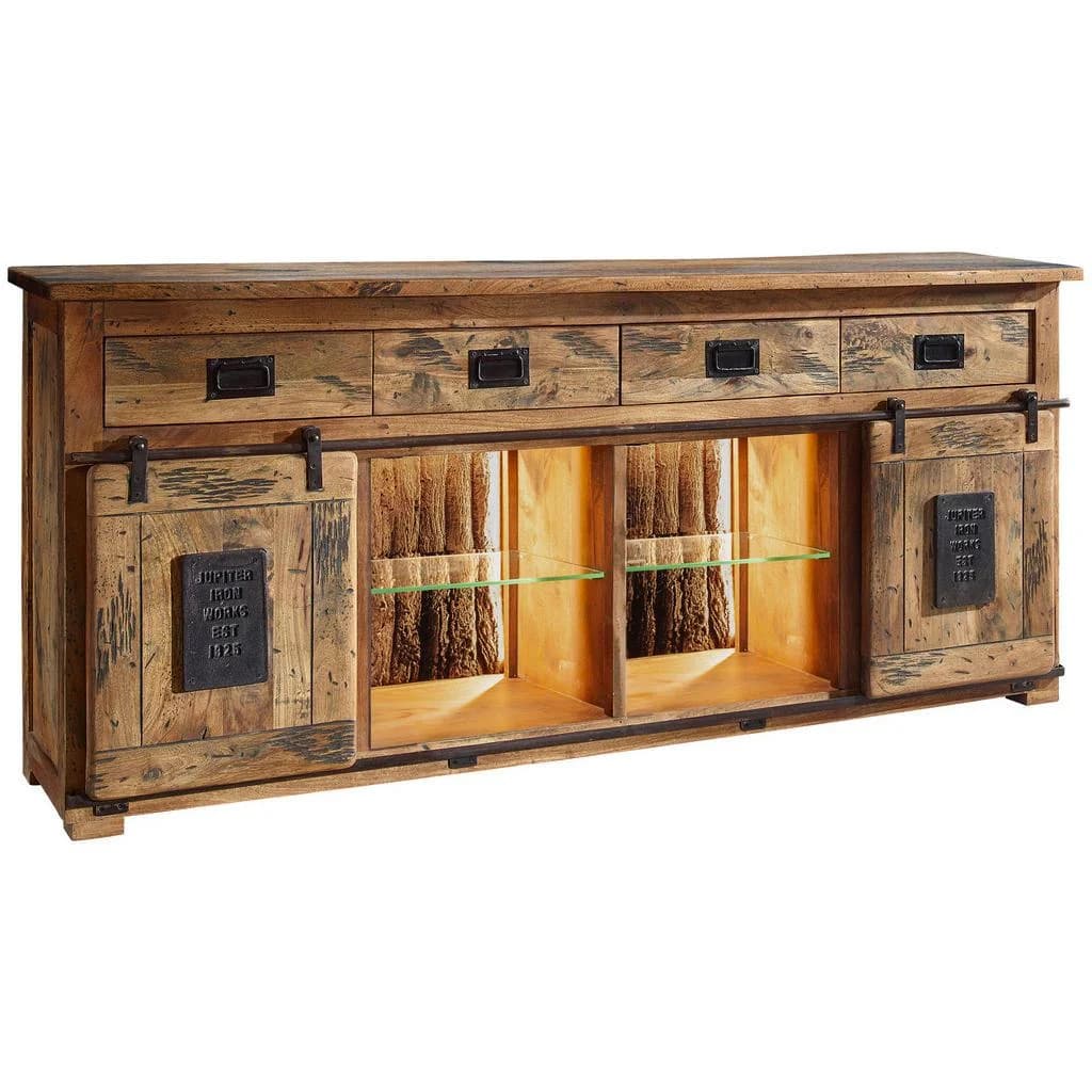 Livetastic Sideboard Braun Schwarz Mangoholz Massiv 4 Fächer 4 Schubladen Beleuchtung