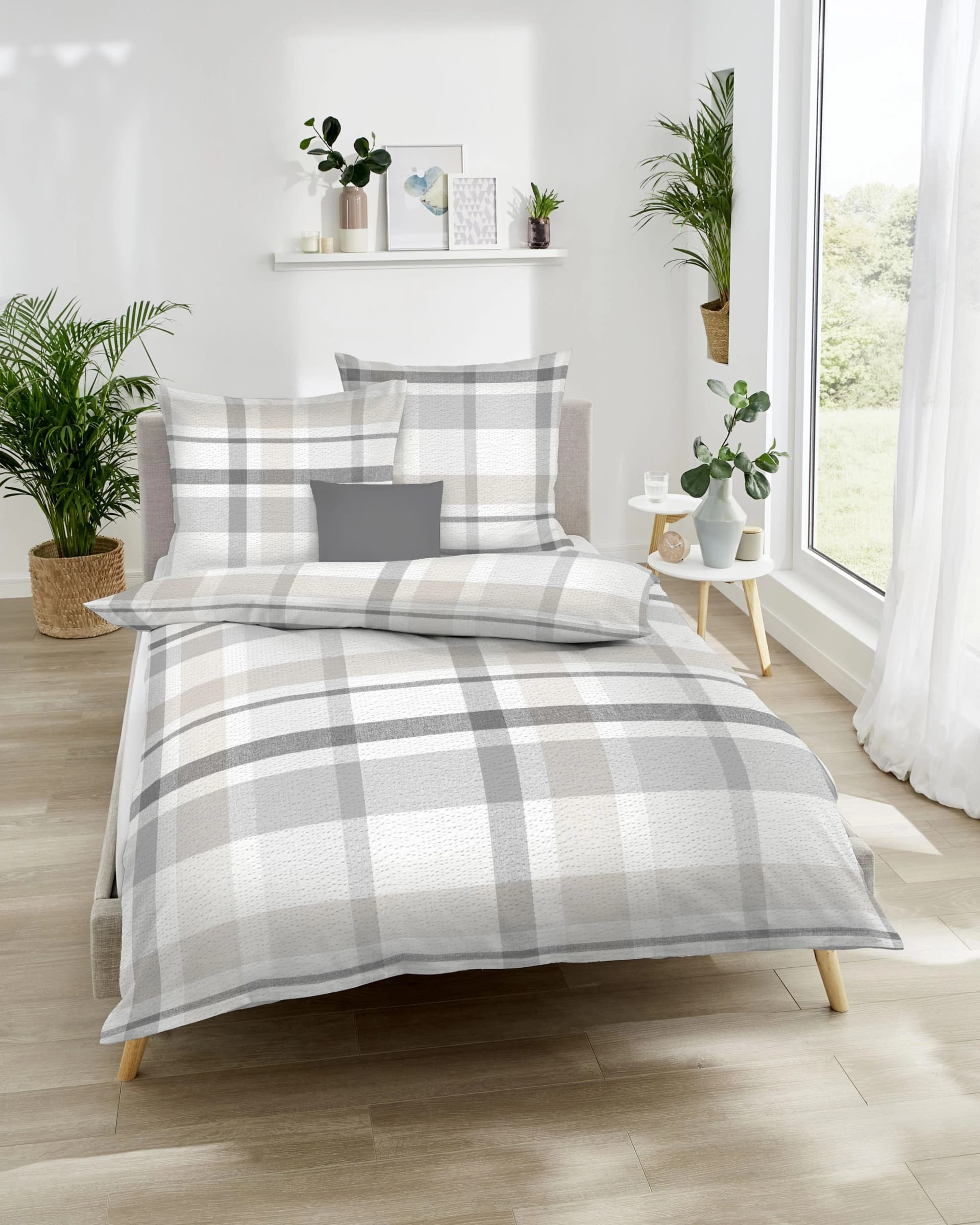 Kaeppel Bettwäsche Madras Karo Silber Seersucker 100% Baumwolle