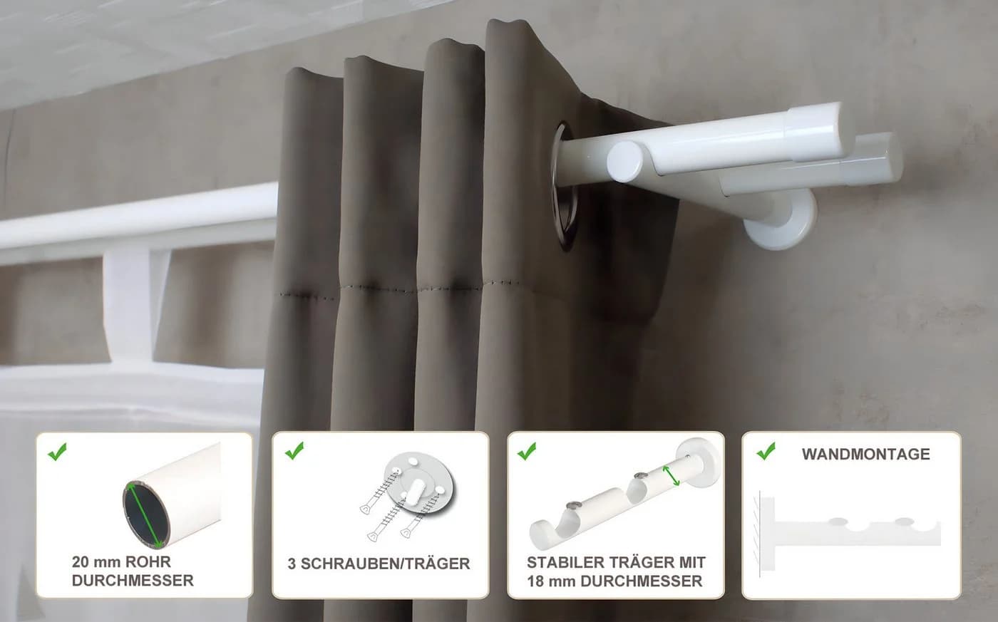 iso-design 2-läufige Gardinenstange Schwarz/Weiß Metall Wandmontage