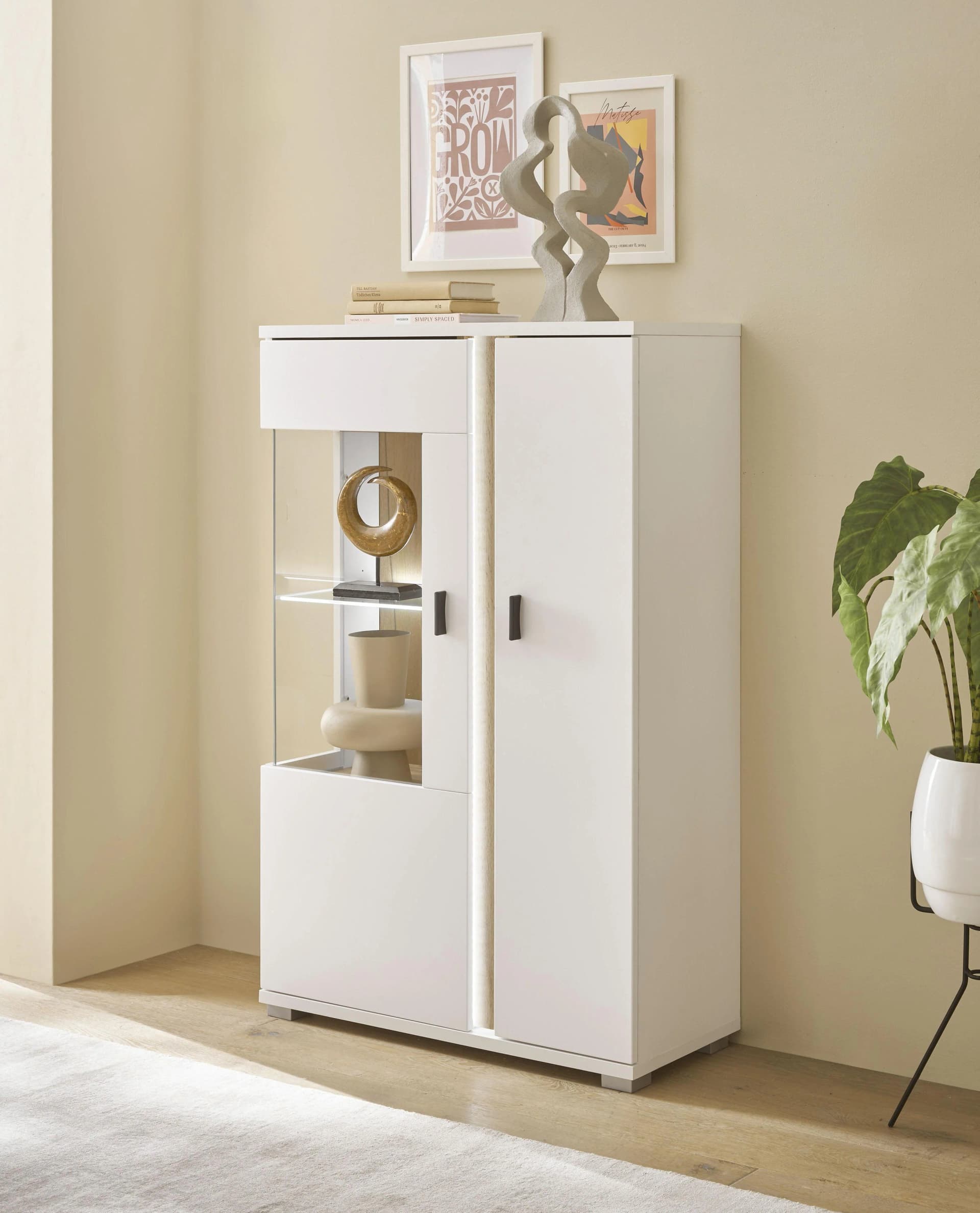 HOME AFFAIRE LONG ISLAND Vitrine Weiß Eiche mit LED-Beleuchtung