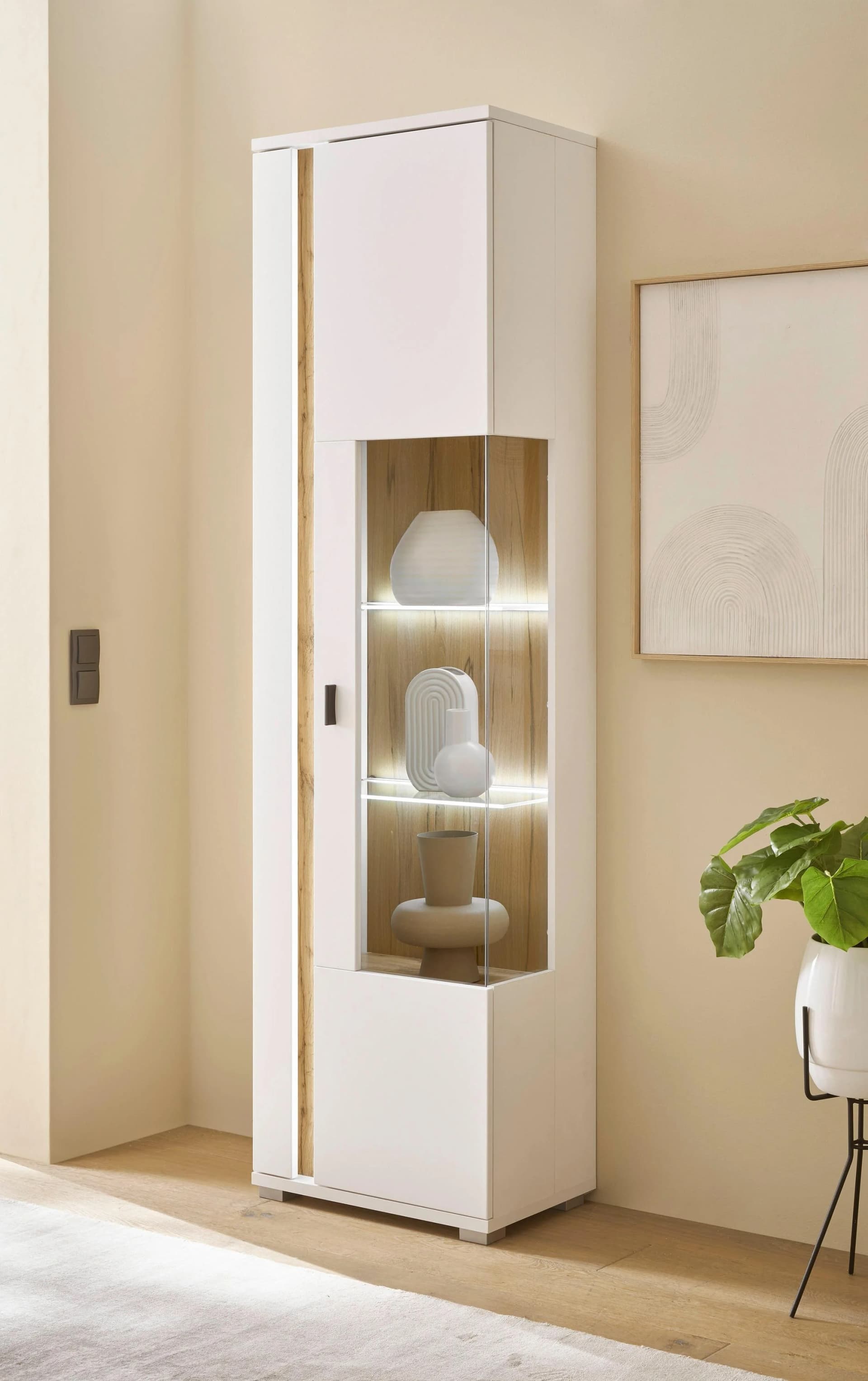 Vitrine INOSIGN LONG ISLAND Weiß/Eiche mit LED-Beleuchtung