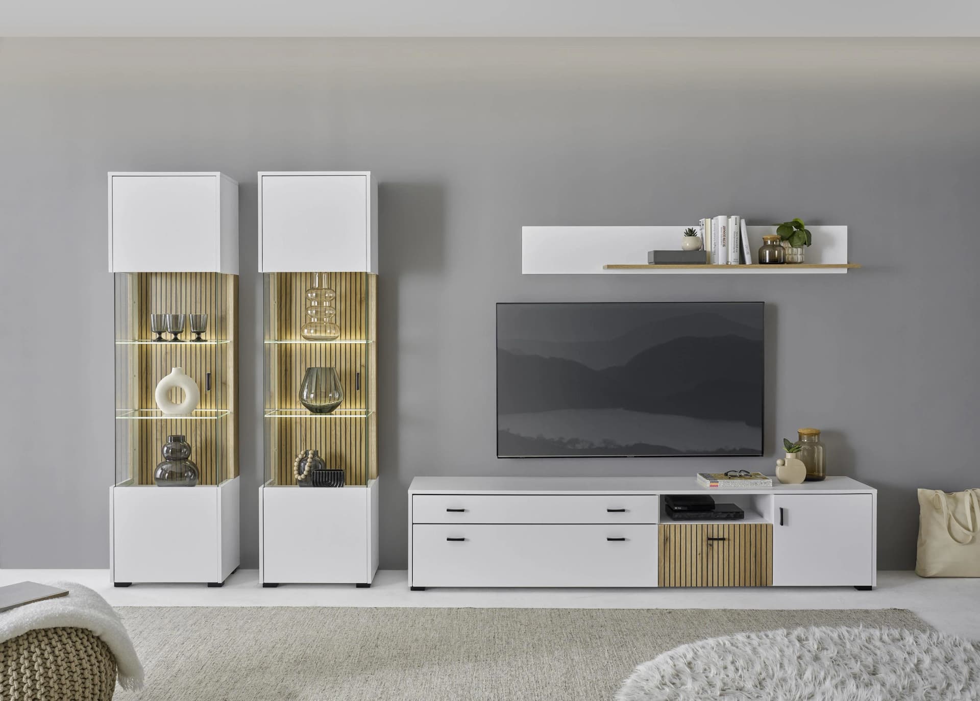 Home Affaire Wohnwand Hudson Weiß Matt Eiche MDF