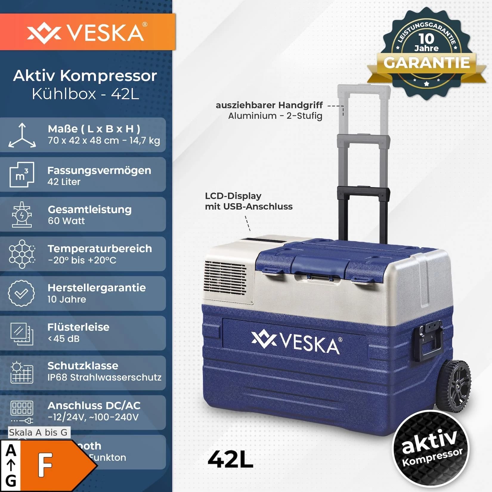 VESKA Kompressor Kühlbox elektrisch, Gefriertruhe mit APP-Steuerung 42l Blau