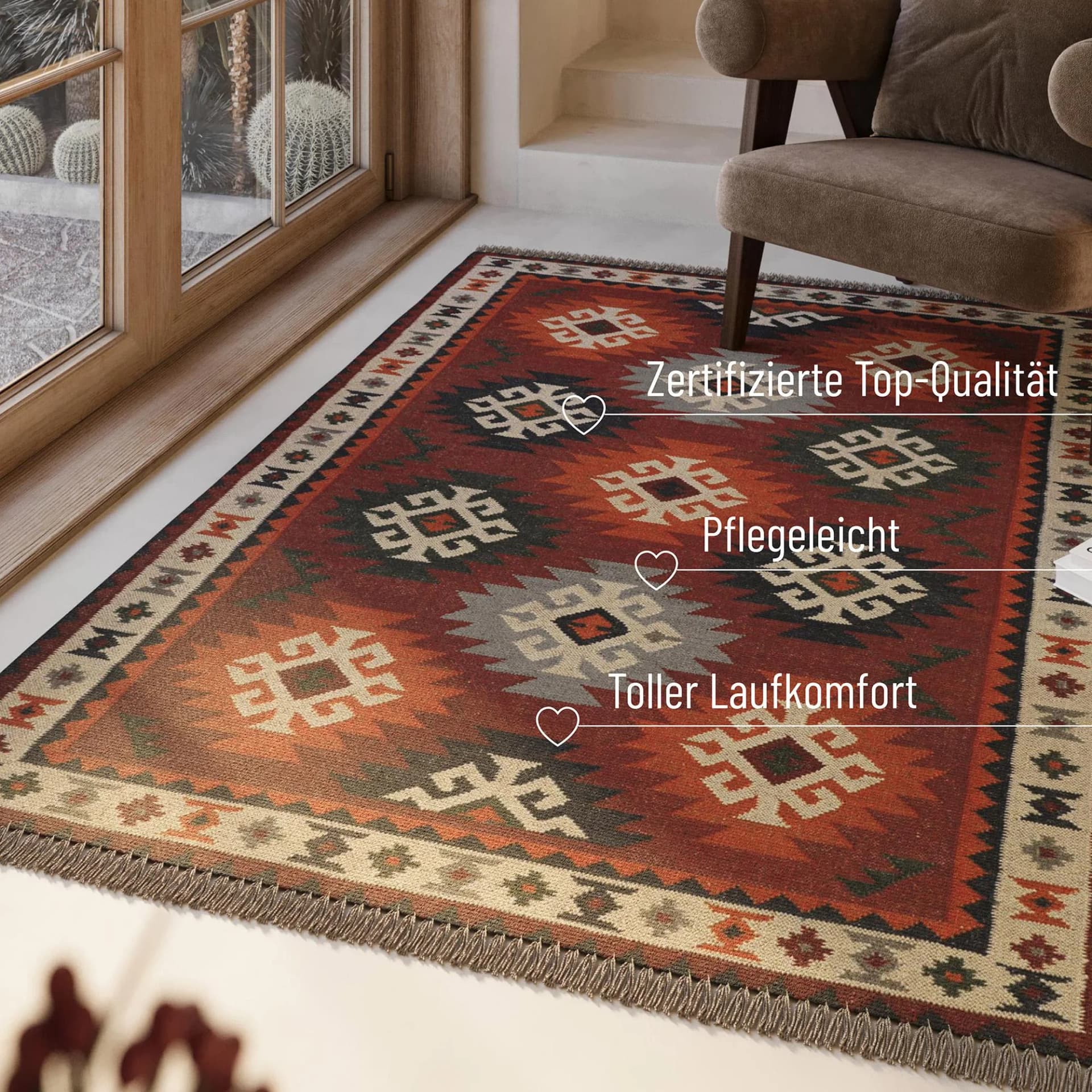 Wollteppich GREEN LOOOP Blancard Rot Geometrisches Muster