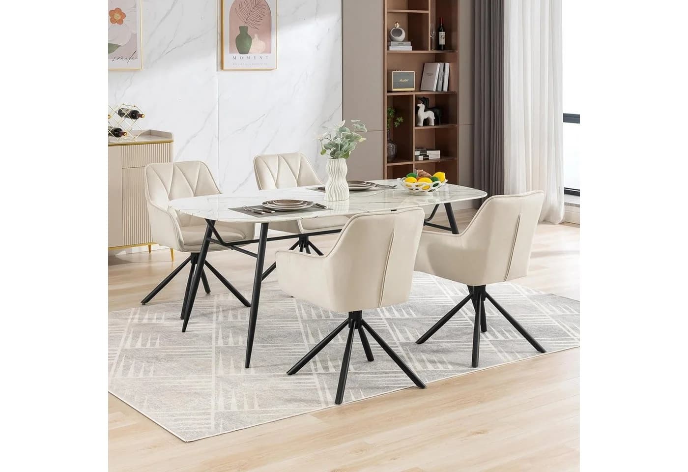 EUGAD 4-Fußstuhl Set Beige Grau Samt Drehbar mit Armlehnen