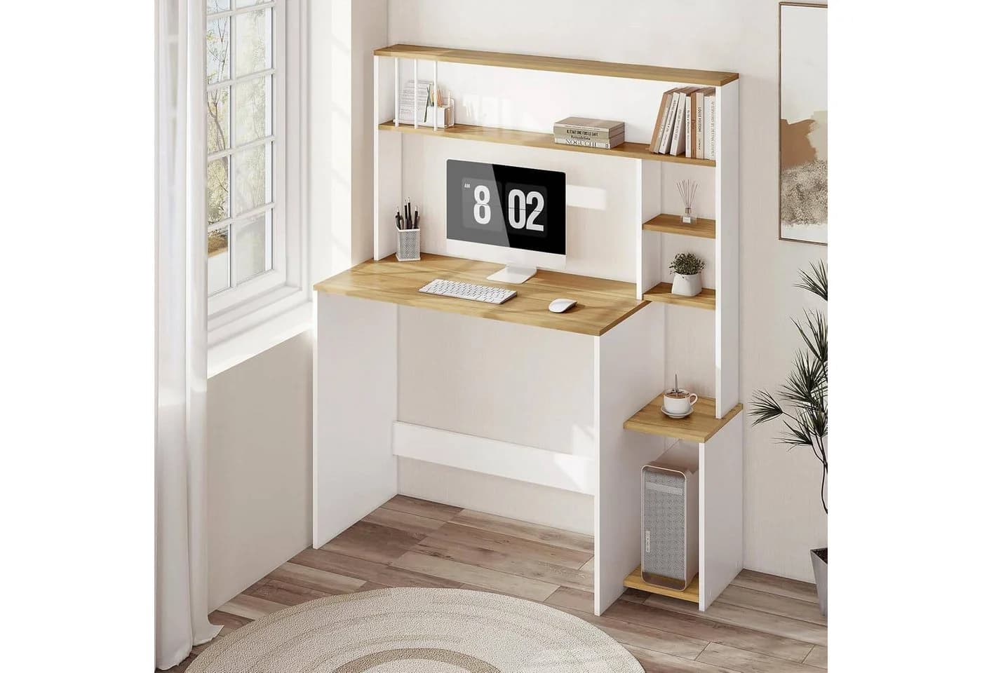EUGAD Schreibtisch mit 5-stufigem Bücherregal Weiß Eiche