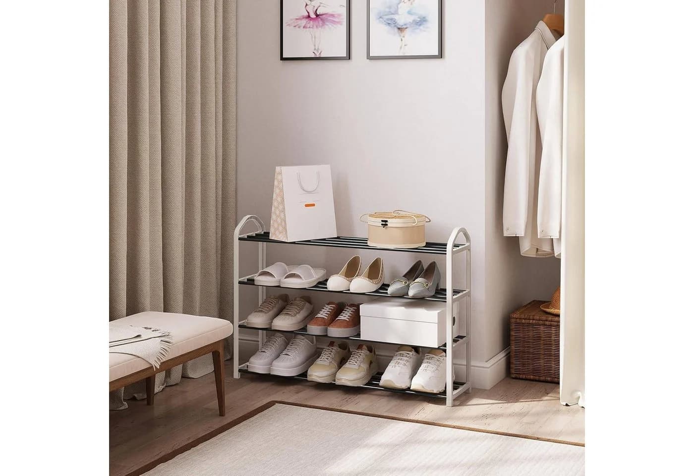 EUGAD Schuhregal 4-Ebenen Metallrohrgestell für Flur, Wohnzimmer, Schlafzimmer