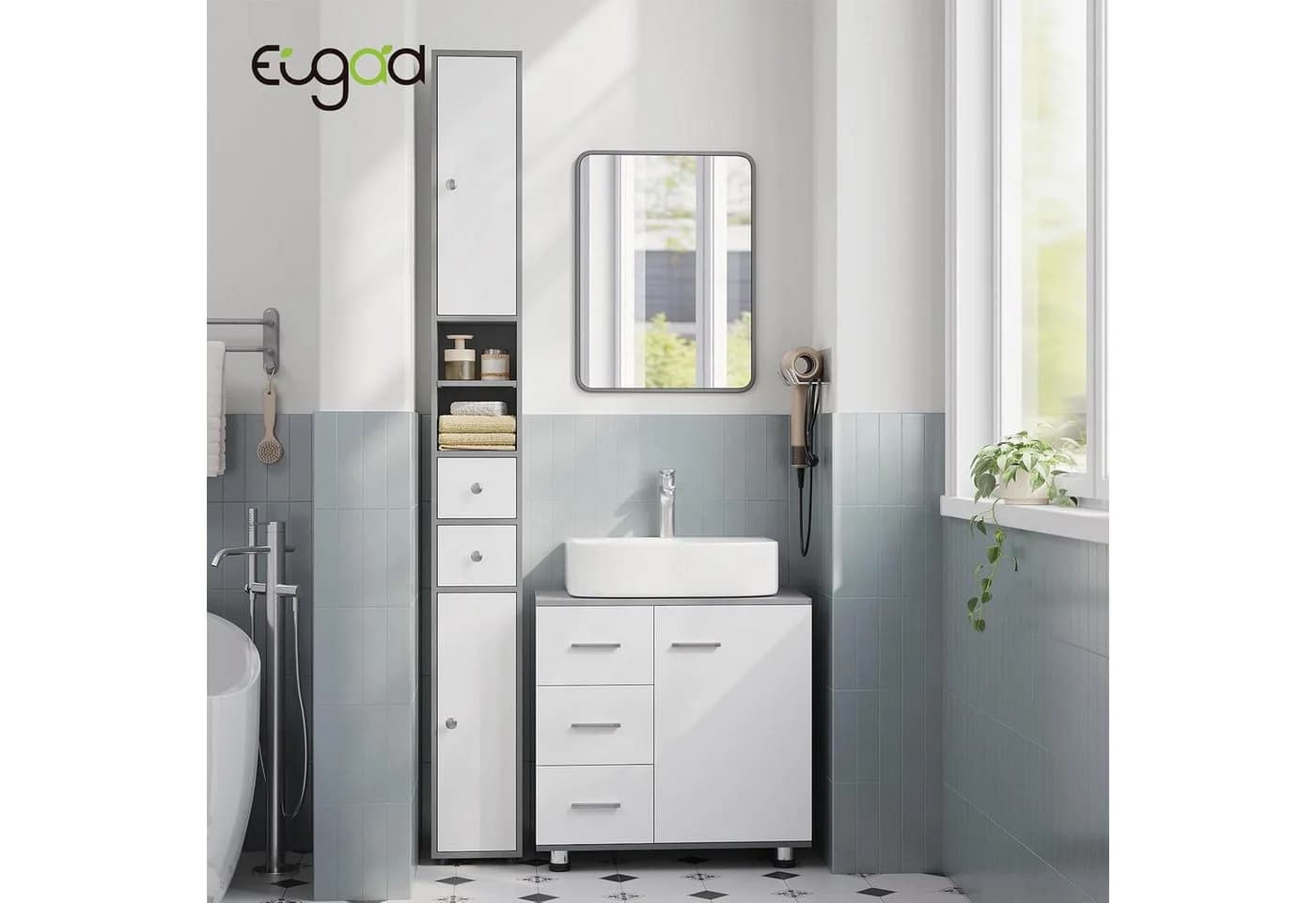 EUGAD Hochschrank schmal weiß/grau wasserabweisend
