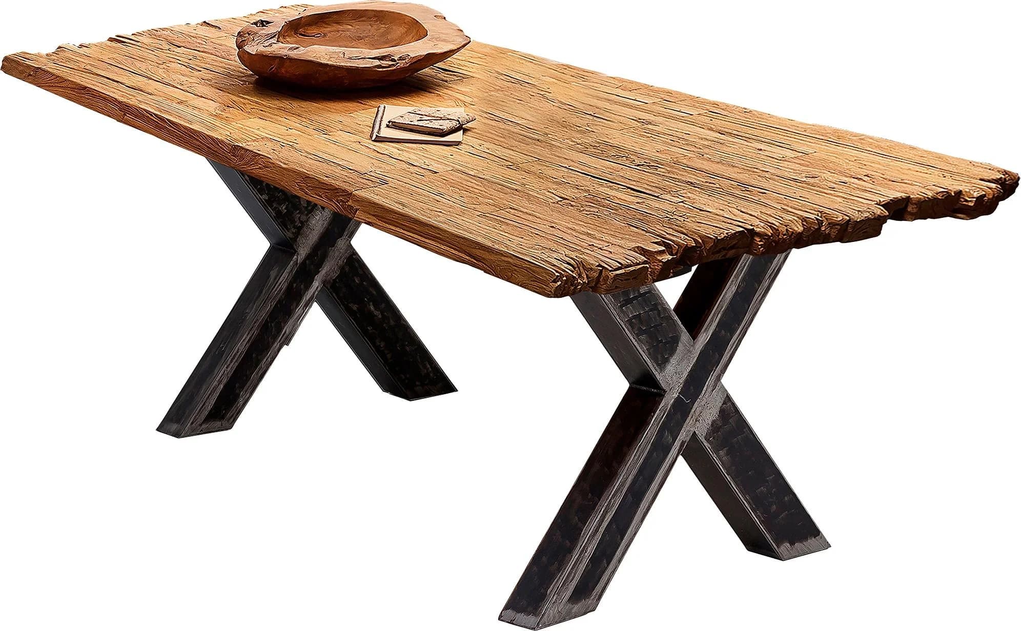 Esstisch SIT, beige, recyceltes Teakholz, Metallgestell