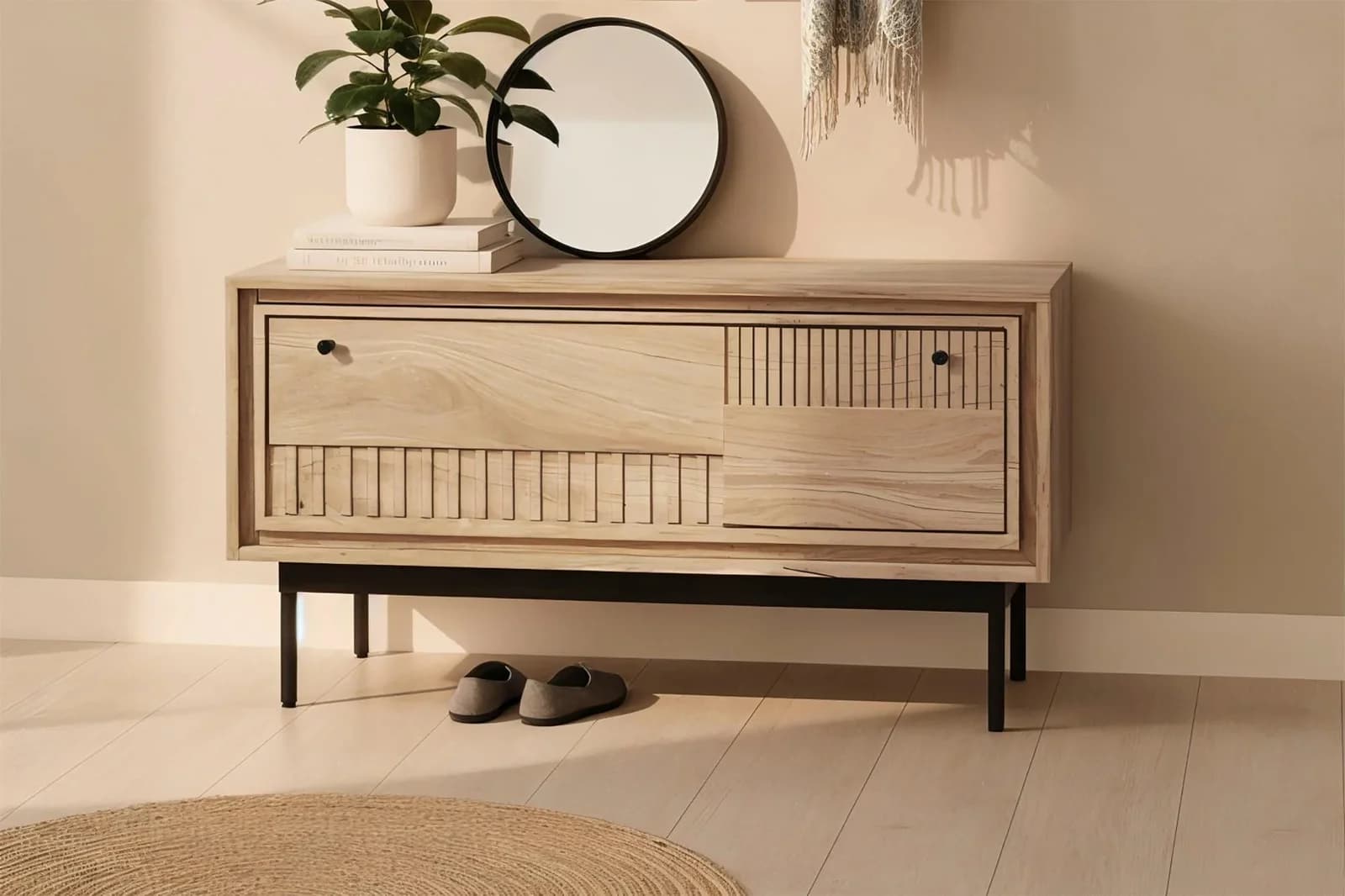 Schuhschrank SIT Massivholz Mango mit Lamellen-Schnitzereien