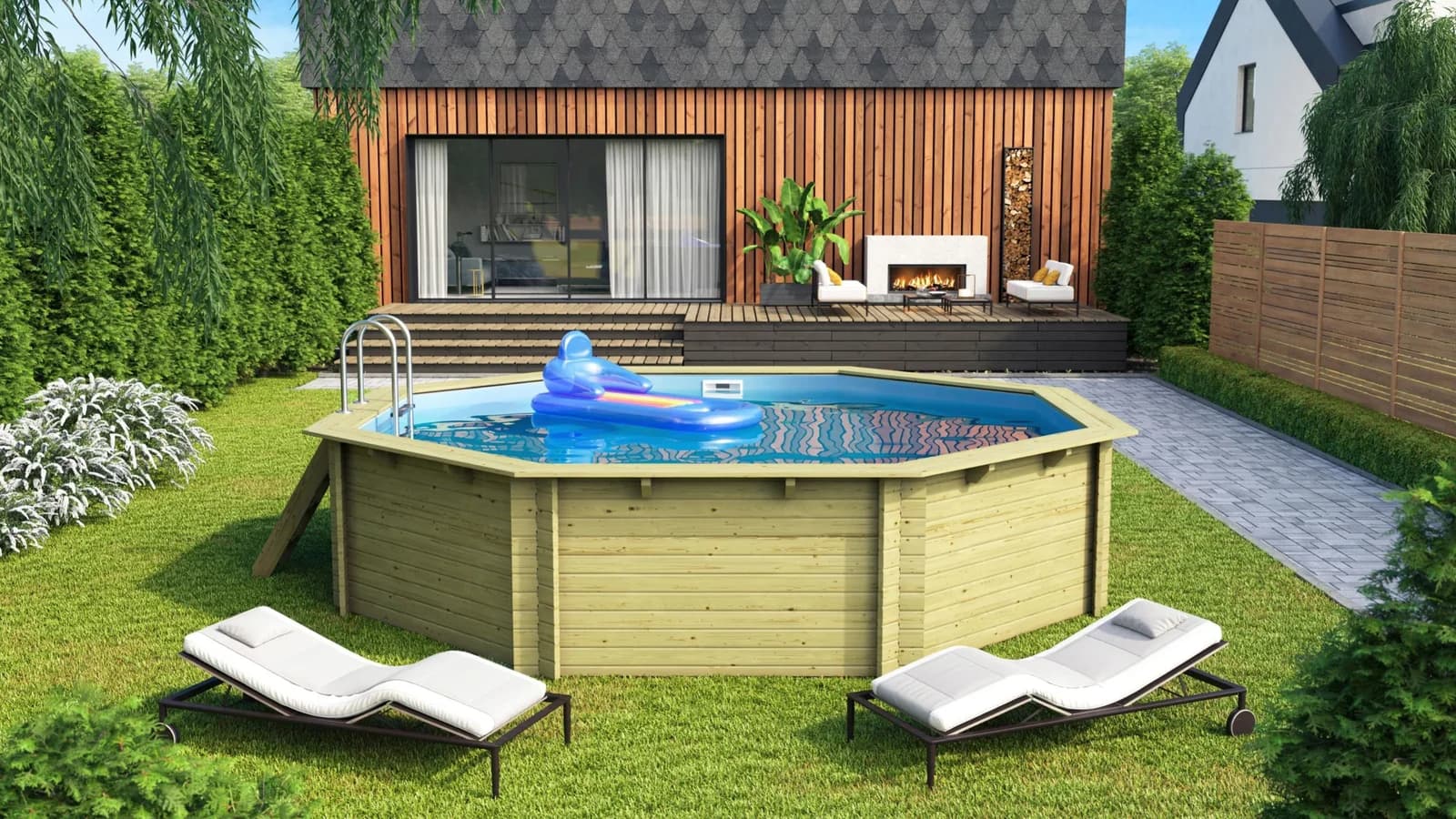 Achteckiges Schwimmbecken aus Fichtenholz, PVC und Edelstahl
