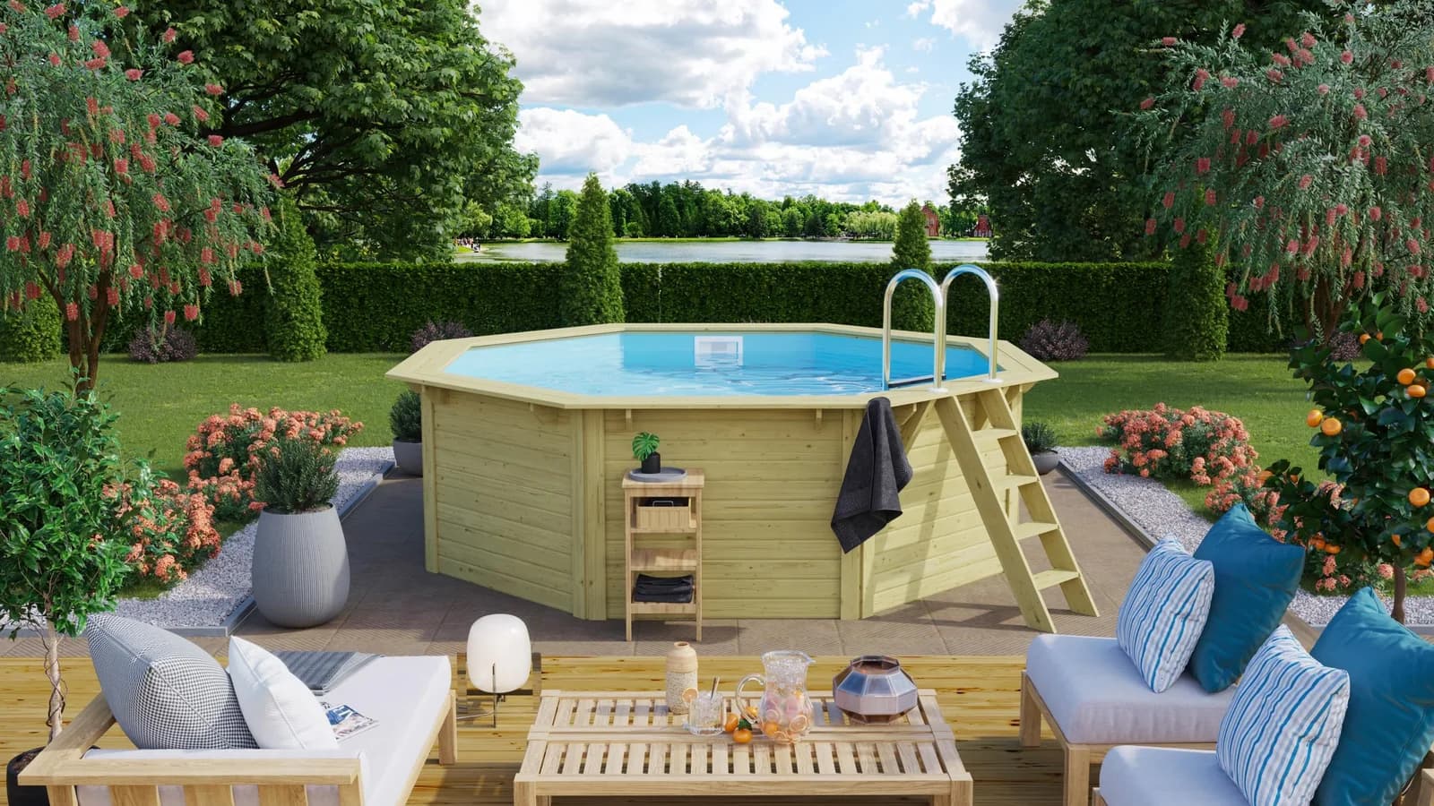 Achteckiges Schwimmbecken aus Holz, PVC und Edelstahl