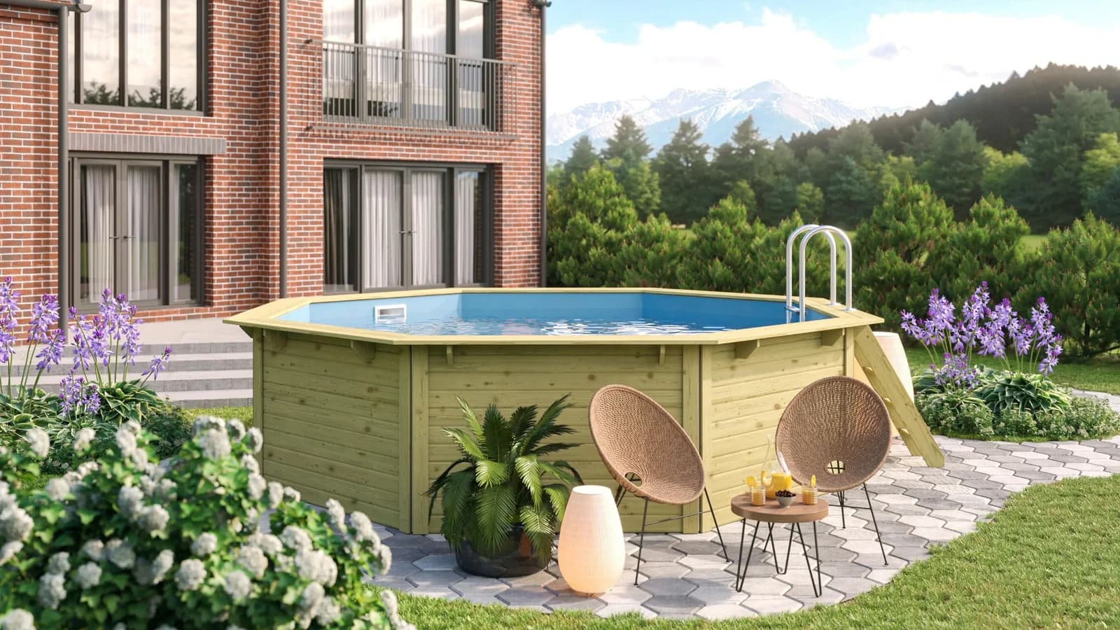 Achteckiges Schwimmbecken aus Holz, PVC und Edelstahl