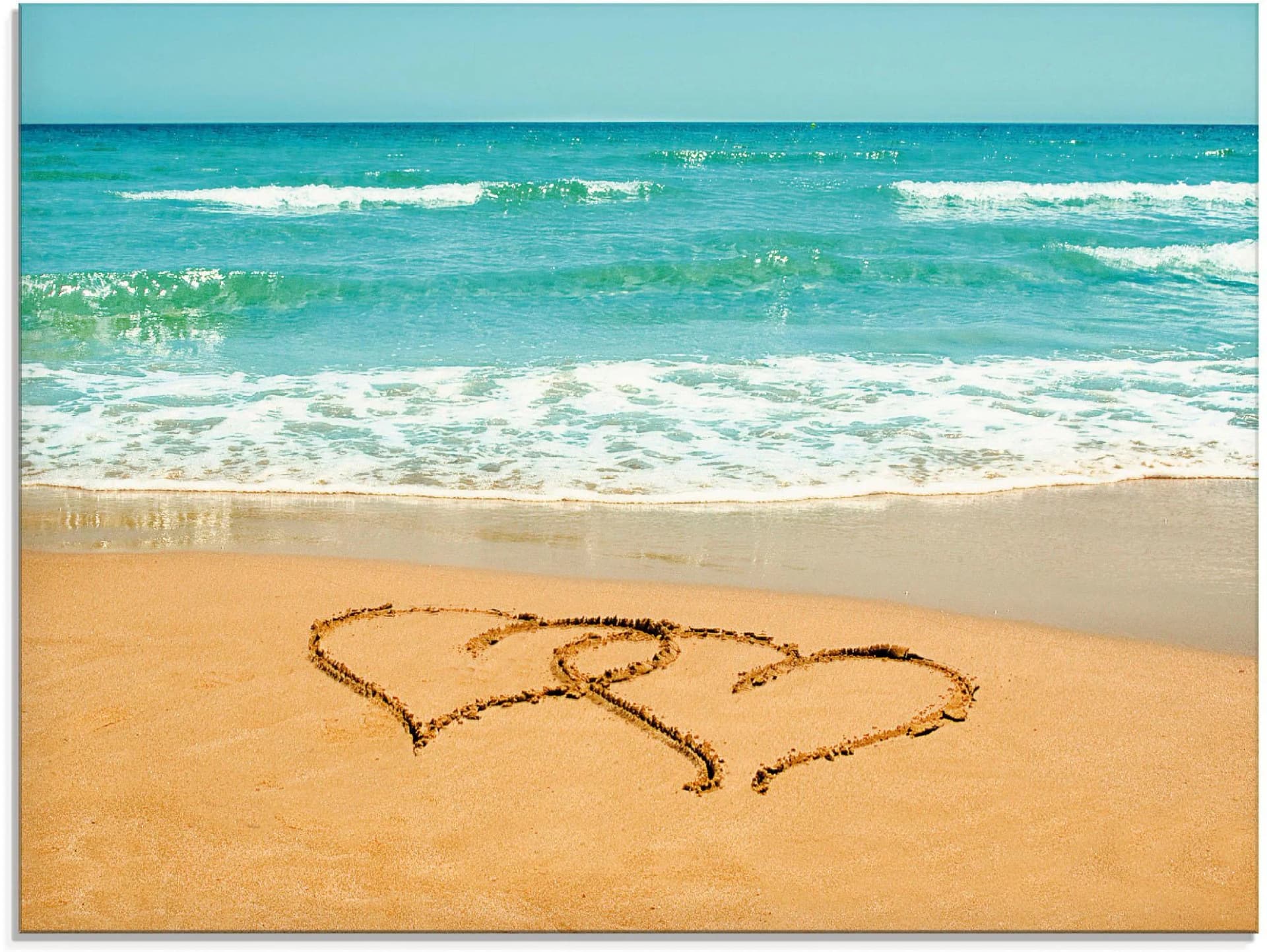 Glasbild ARTLAND Herzen im Sand Blau Strandmotiv