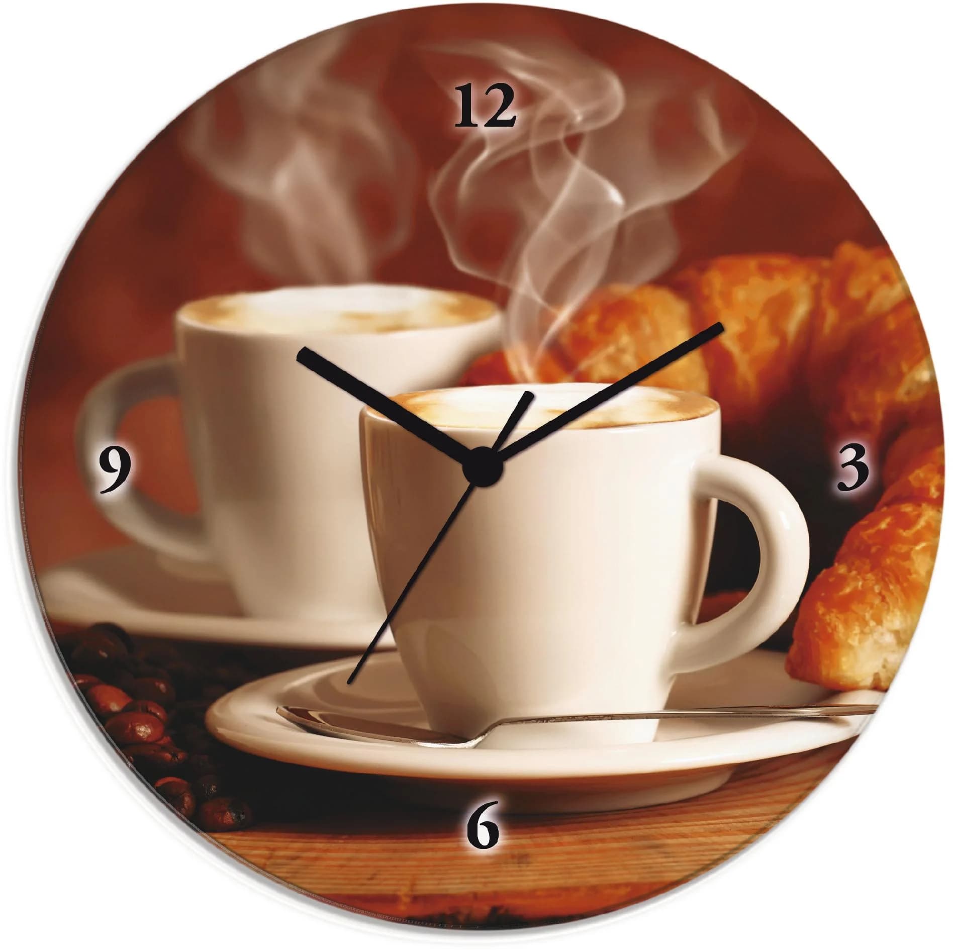 ARTLAND Wanduhr "Dampfender Cappuccino und Croissant" Braun Glas