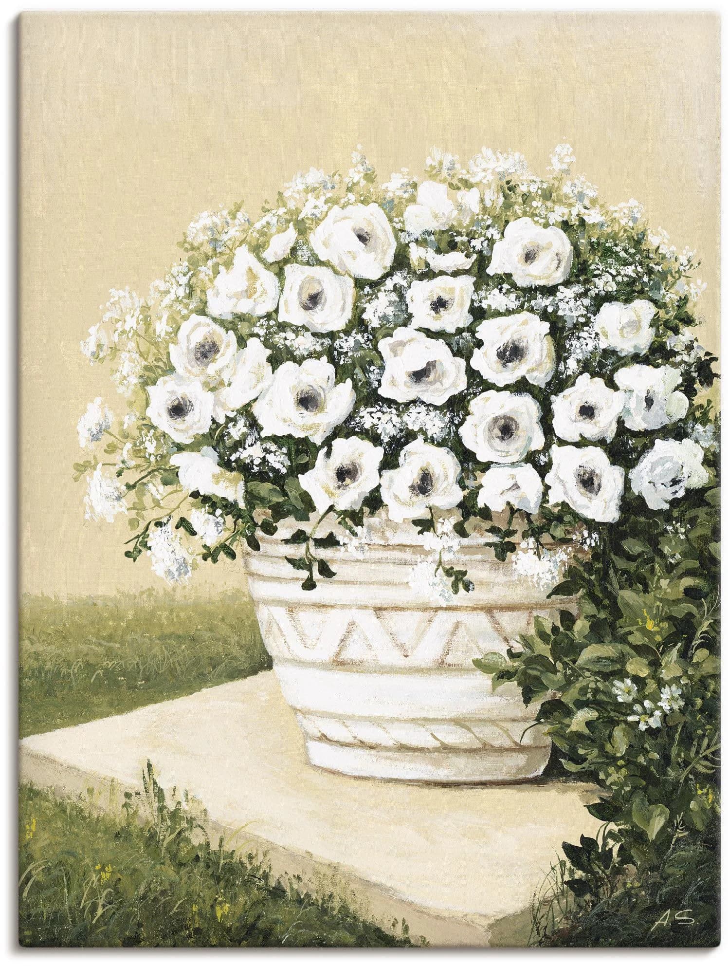 ARTLAND Leinwandbild Blumentopf II Beige auf Holzrahmen