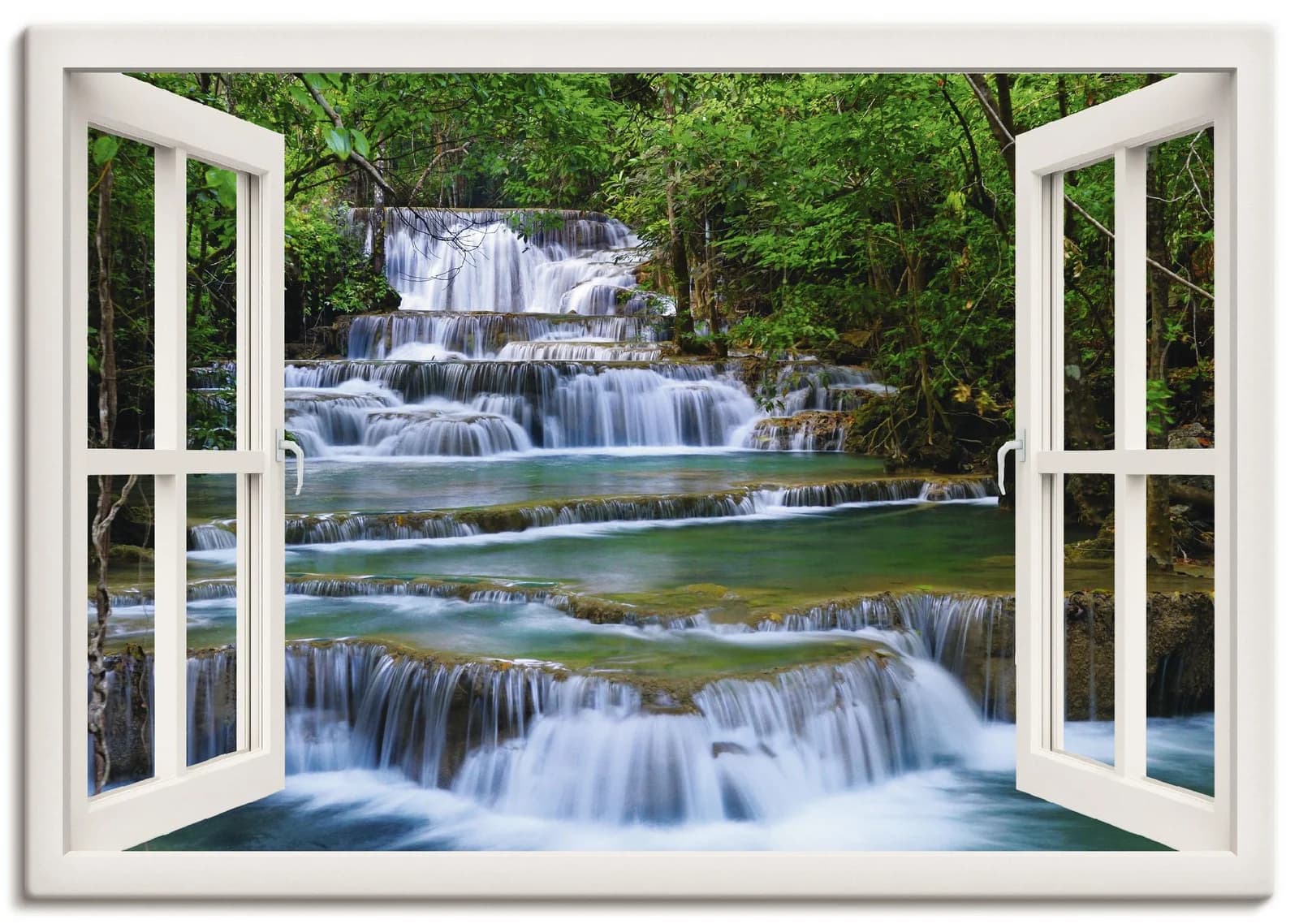 ARTLAND Leinwandbild Fensterblick Wasserfall Kanchanaburi Weiß