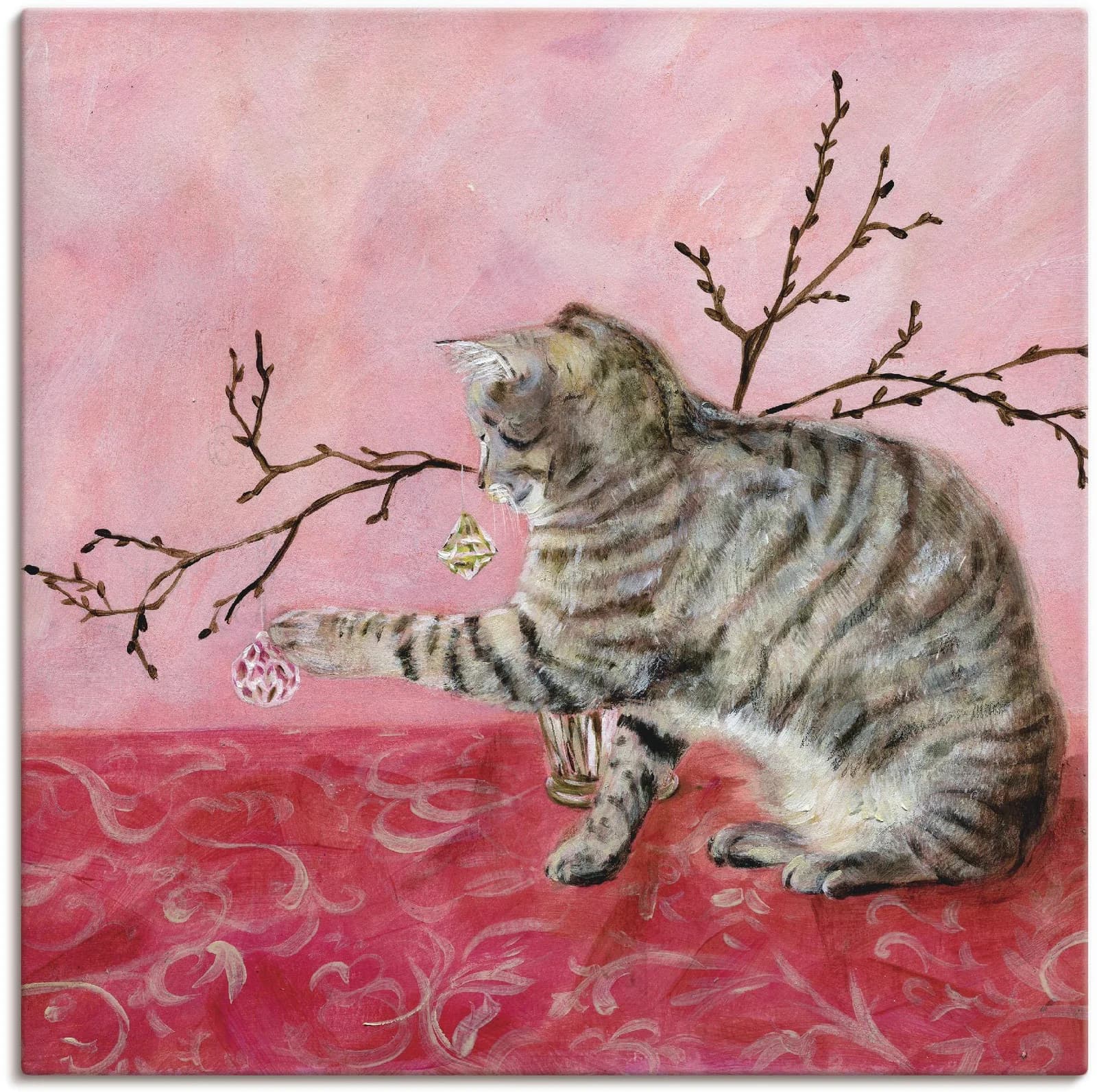 ARTLAND Leinwandbild Katzenspiel Pink 30x30 cm