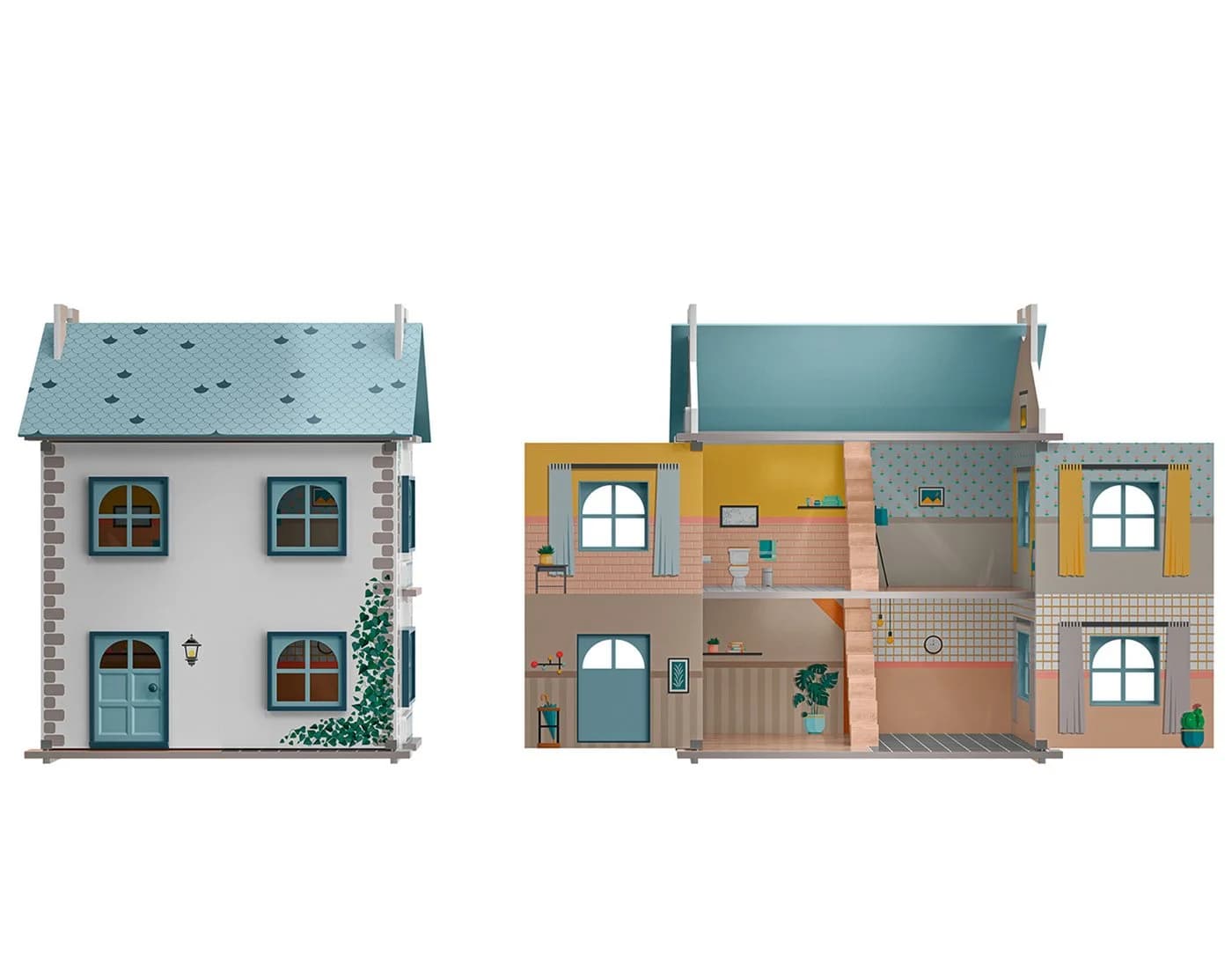 Playtive Puppenhaus Cabinet 3 Etagen Blau Holz mit abnehmbarem Dach