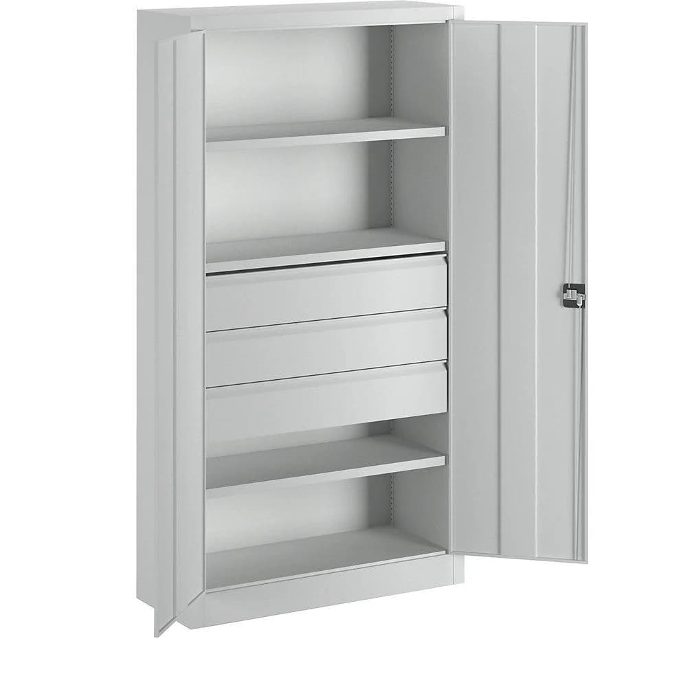 Pavoy Schwerlastschrank 3 Fachböden 120 kg 3 Schubladen 175 mm RAL 7035