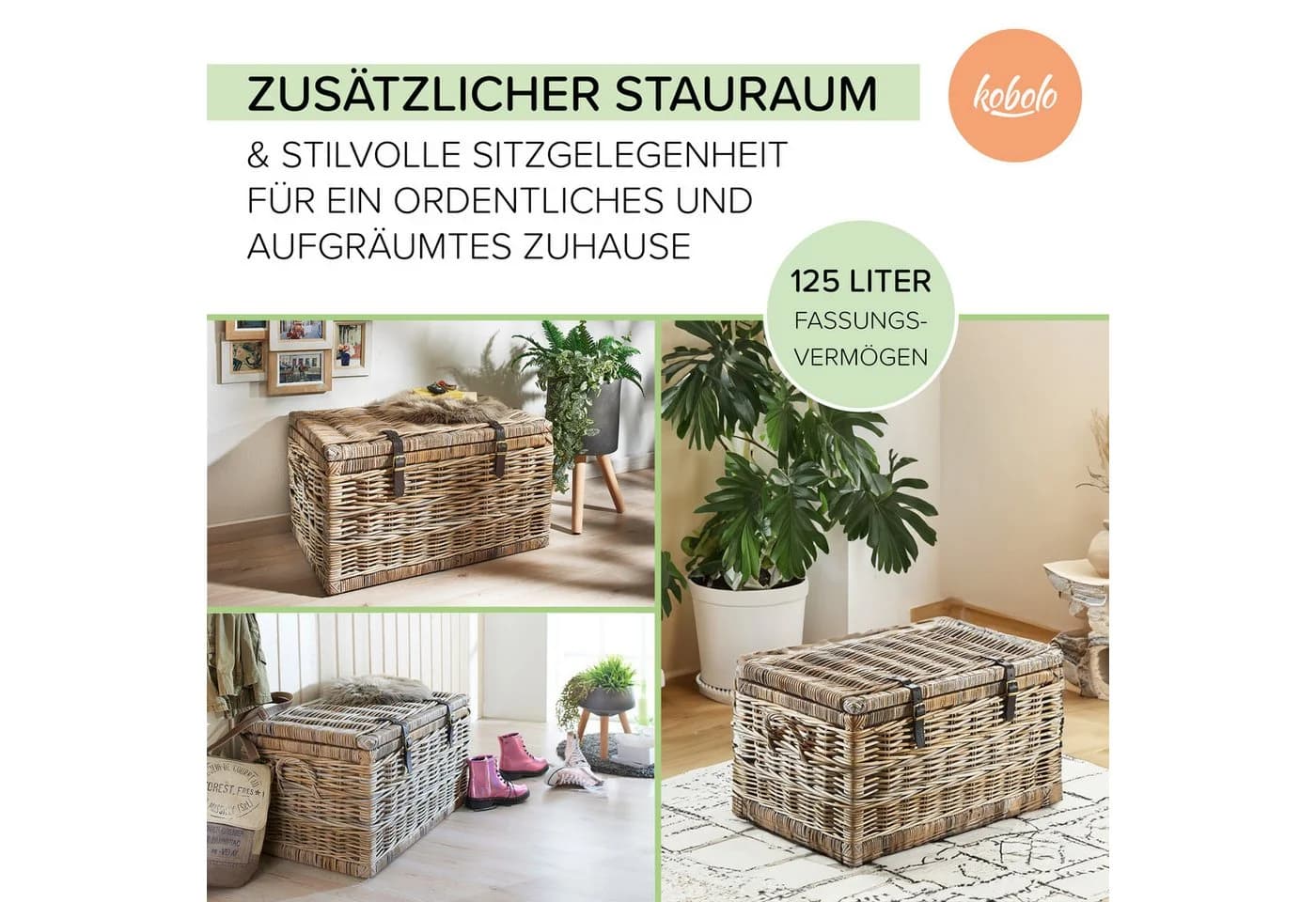 Kobolo Rattan Sitztruhe Grau Kubu mit Griffen