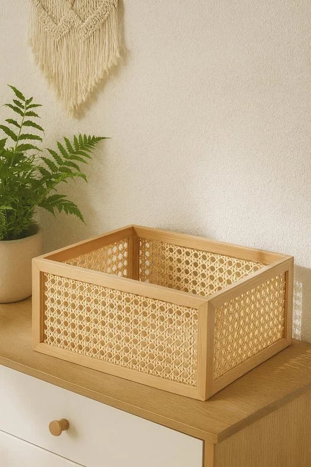 Kobolo Aufbewahrungskorb Regalkorb aus Holz und Rattan Braun