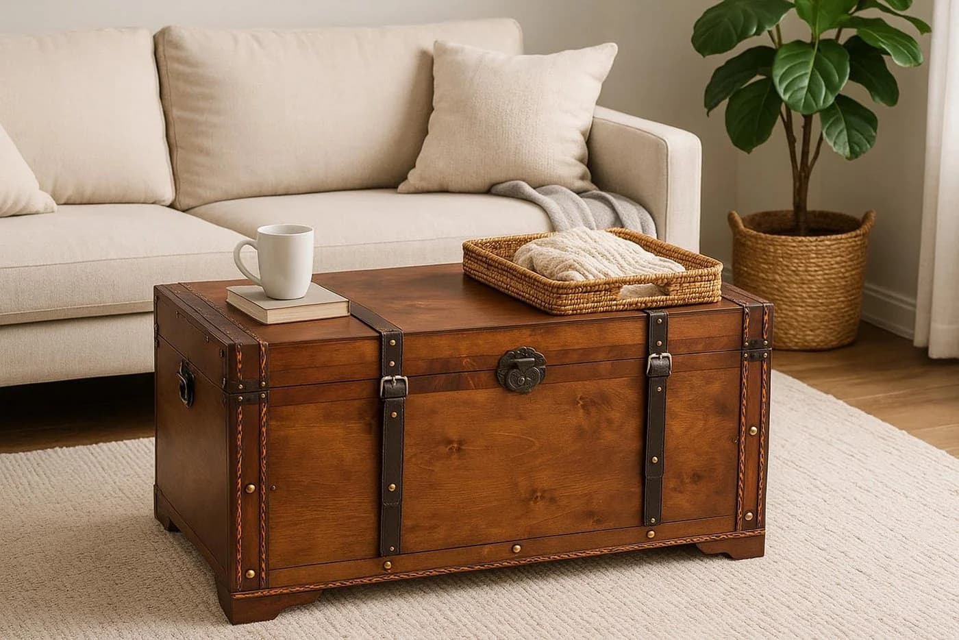 Kobolo Truhe TROVE Holztruhe mit Metalldetails und Kunstlederverschluss