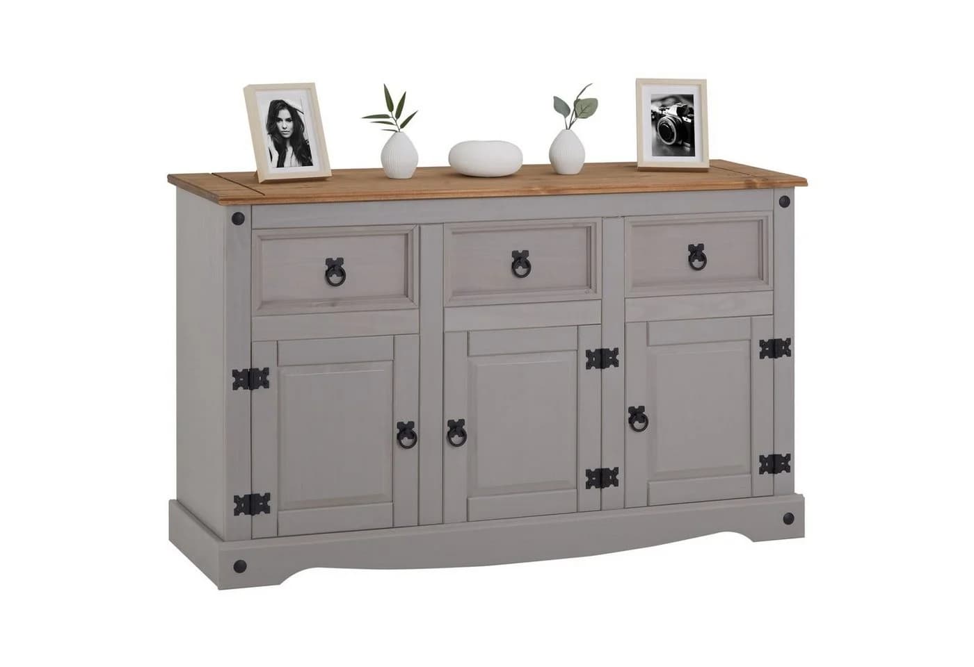 CARO-Möbel Sideboard RAMON Grau Massivholz Kiefer 3 Schubladen 3 Türen
