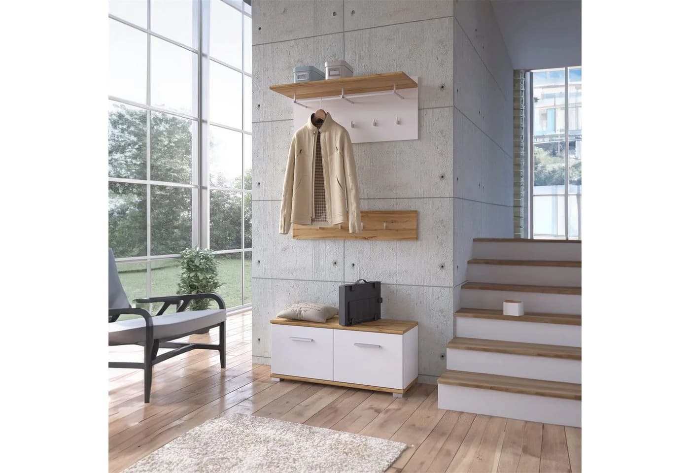 CARO-Möbel Wandgarderobe BILBAO Garderobenset mit Sitzbank Wotan Eiche/Weiß