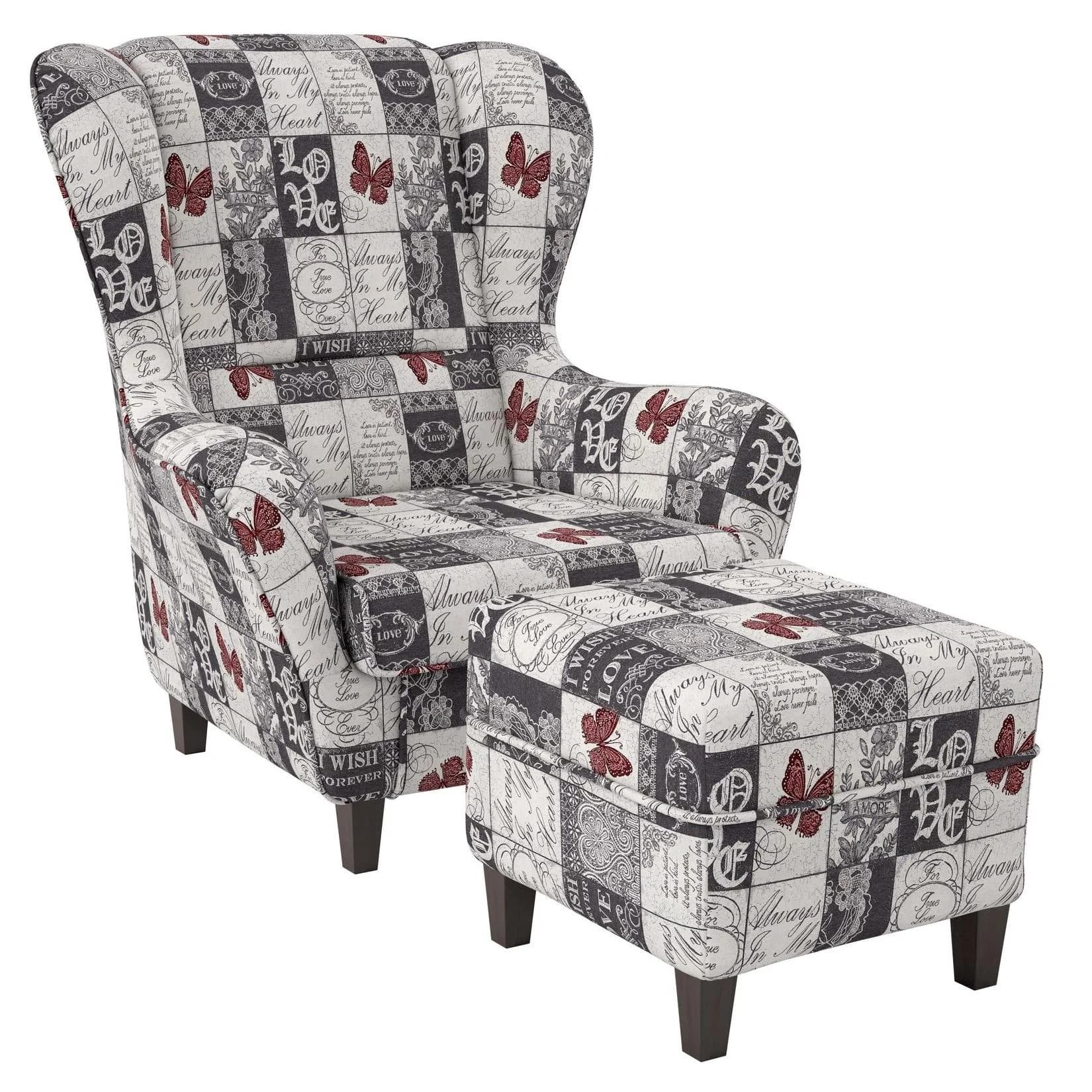 Supellex Ohrensessel mit Hocker Patchwork Design Grau