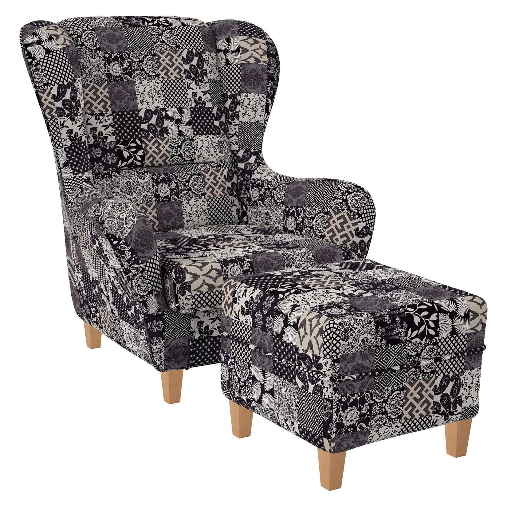 Supellex Ohrensessel mit Hocker Design Flora Schwarz Beige