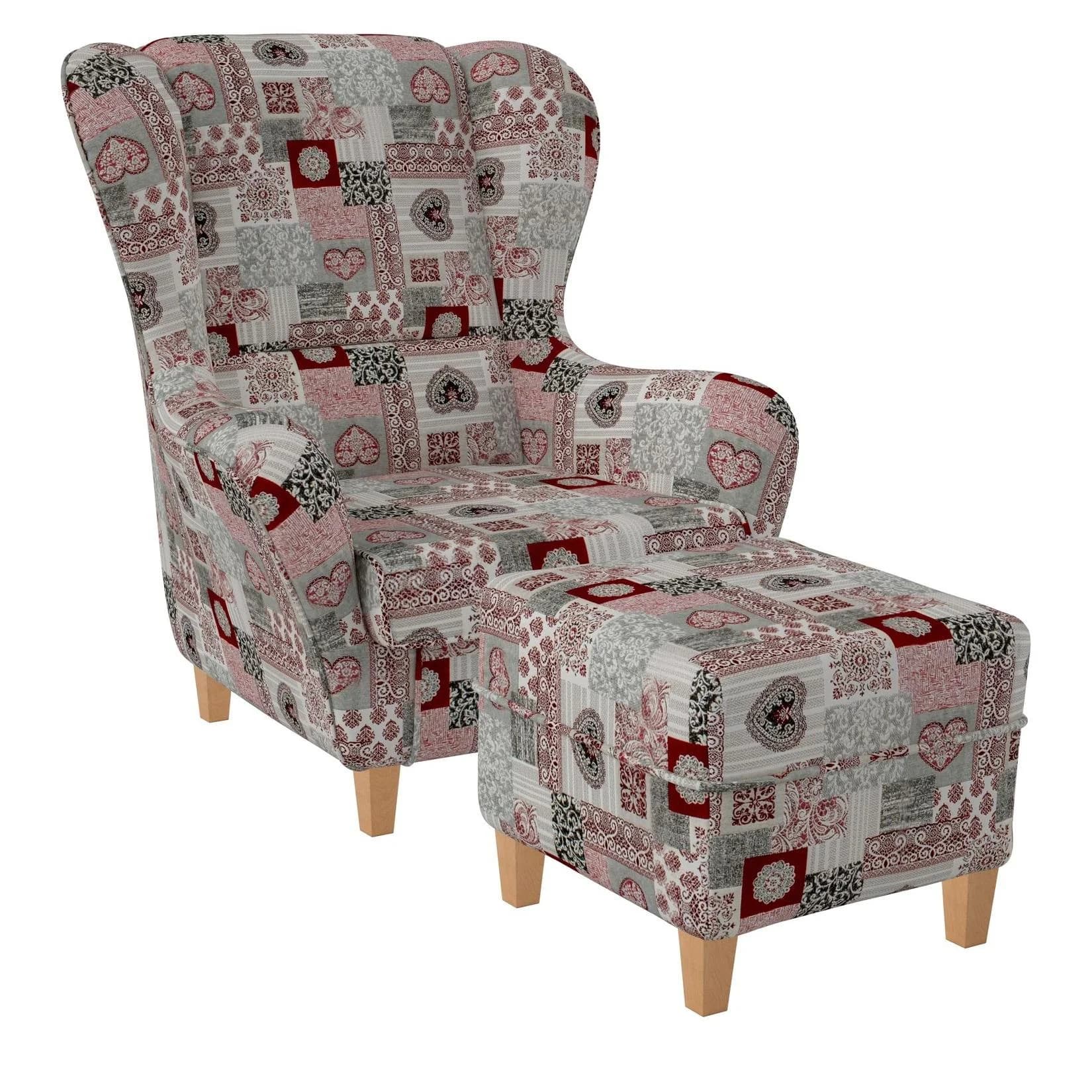 Supellex Ohrensessel Sofia Relaxsessel Patchwork Ornamente Herz Rot