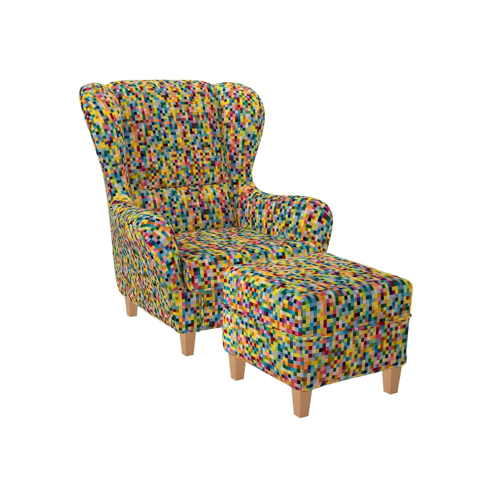 Supellex Sofia Ohrensessel mit Hocker Design Pixel Bunt Kariert