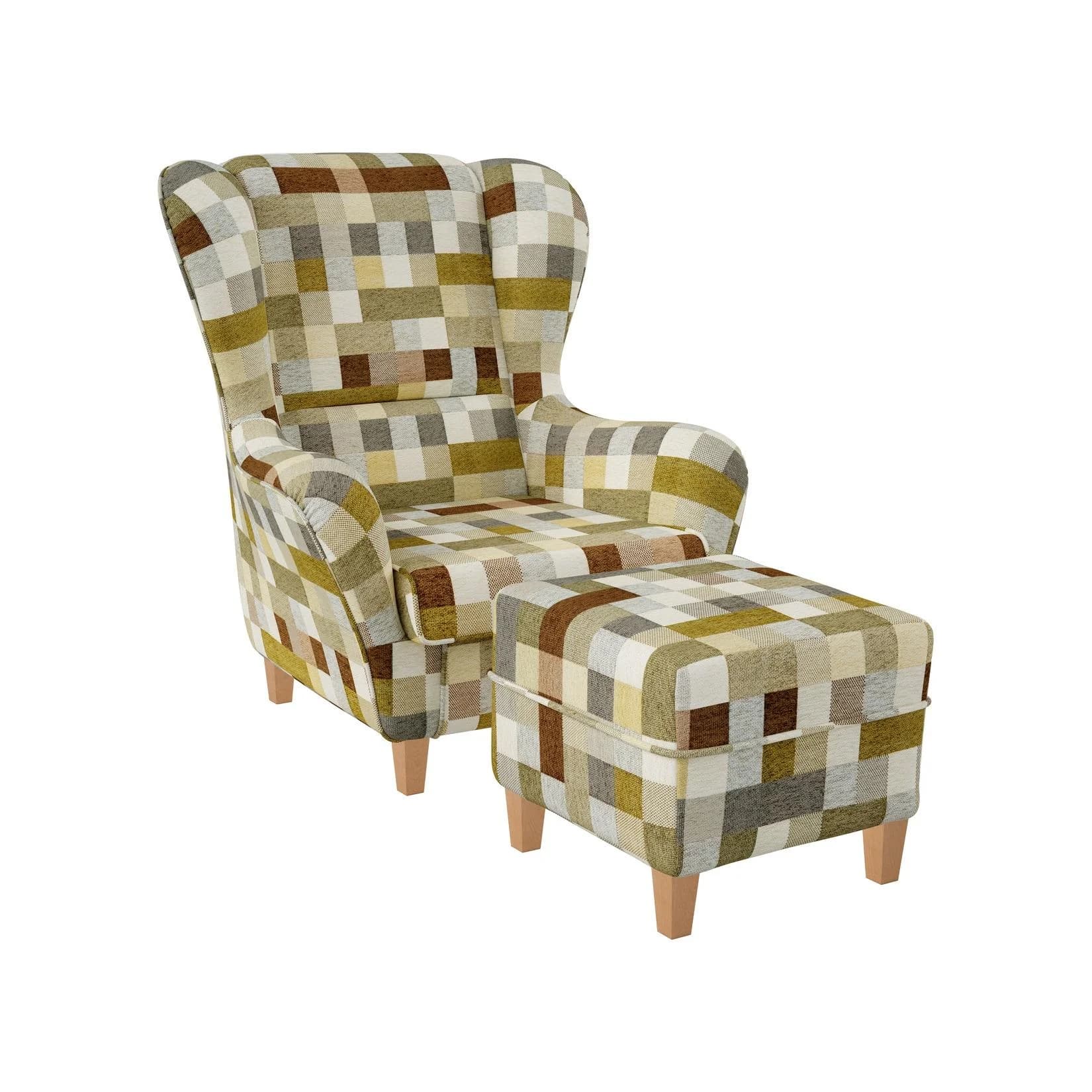 Supellex Sofia Ohrensessel mit Hocker Patchwork Beige-Ocker