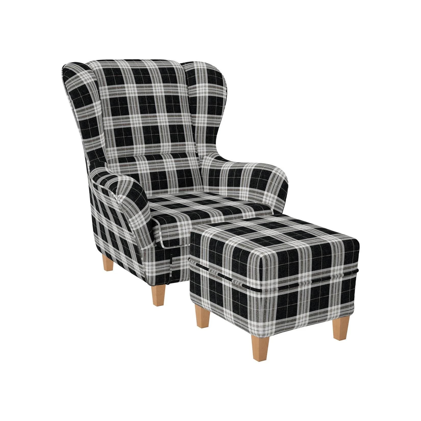 Supellex Sofia Ohrensessel mit Hocker Design Oxford kariert Beige/Grau