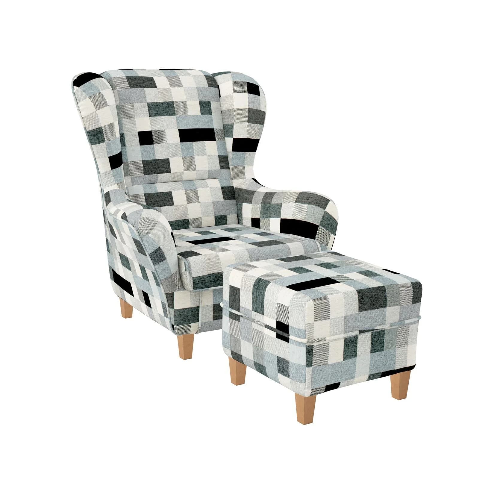 Supellex Sofia Ohrensessel mit Hocker Design Patchwork grau