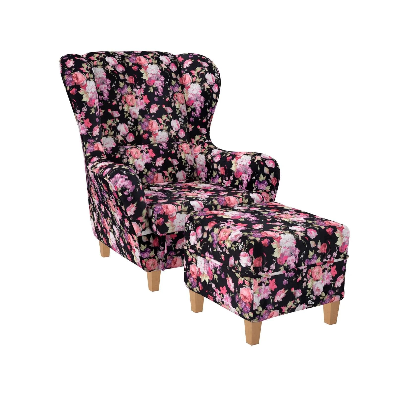 Supellex Sofia Ohrensessel mit Hocker Samt-Velours Rosen Schwarz/Rosa
