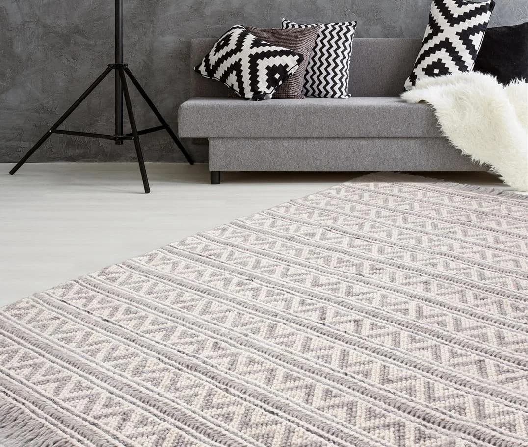 Kayoom Natura 410 Teppich Beige Silber Handgewebt mit Fransen