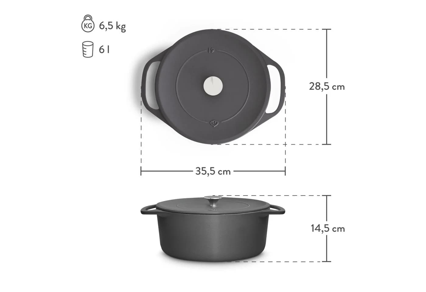 Springlane Bräter Cocotte Grau mit Deckel, Gusseisen, 6 L, Ø 28cm, Rund