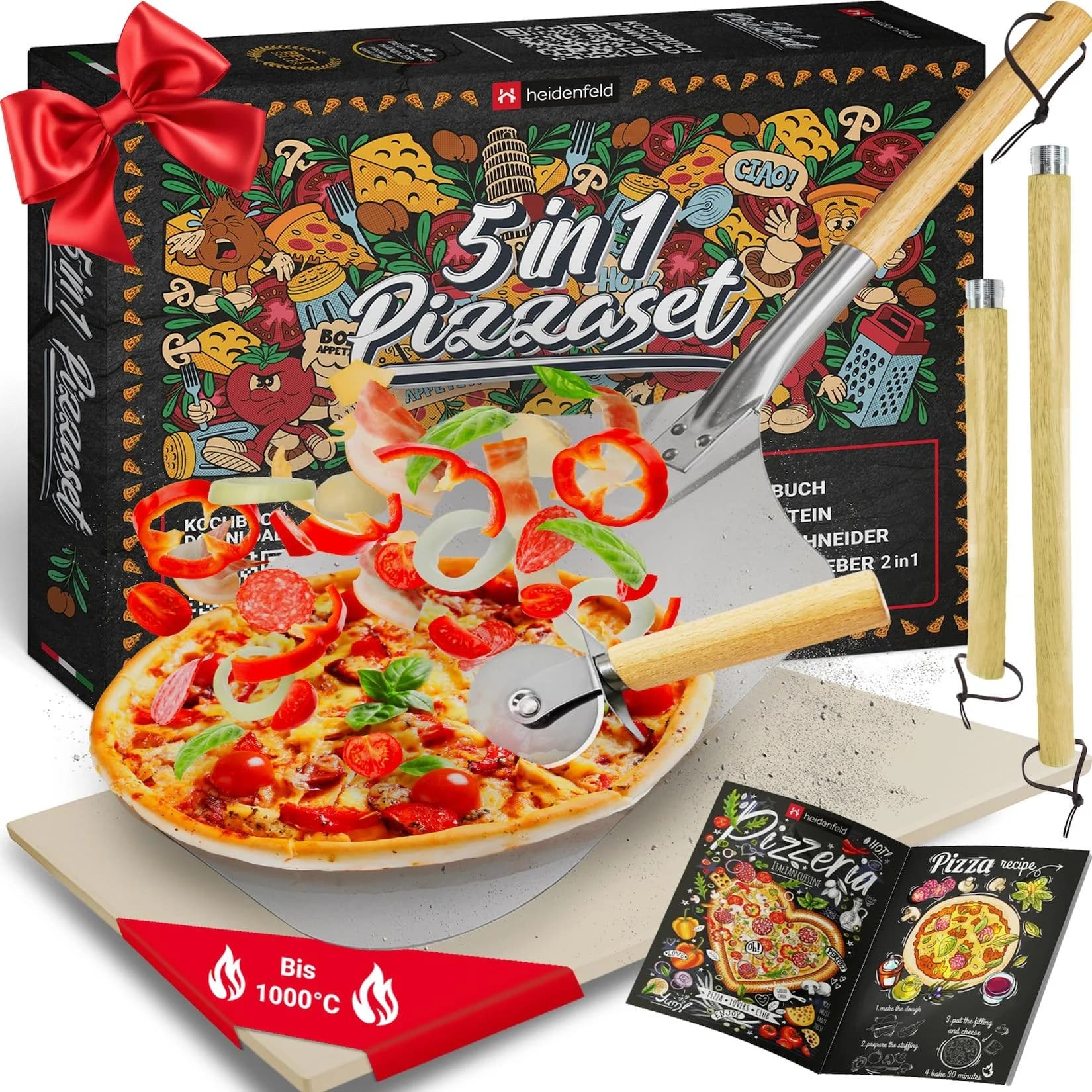 Heidenfeld 5in1 Pizza-Set Pizzastein 2in1 Pizzaschieber Pizzaschneider Holzgriffe