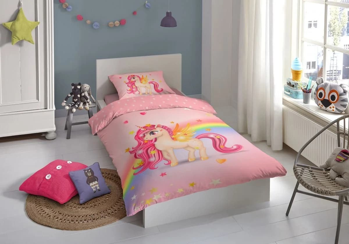 Soma Kinderbettwäsche Regenbogen Einhorn Rosa Renforcé 2-tlg