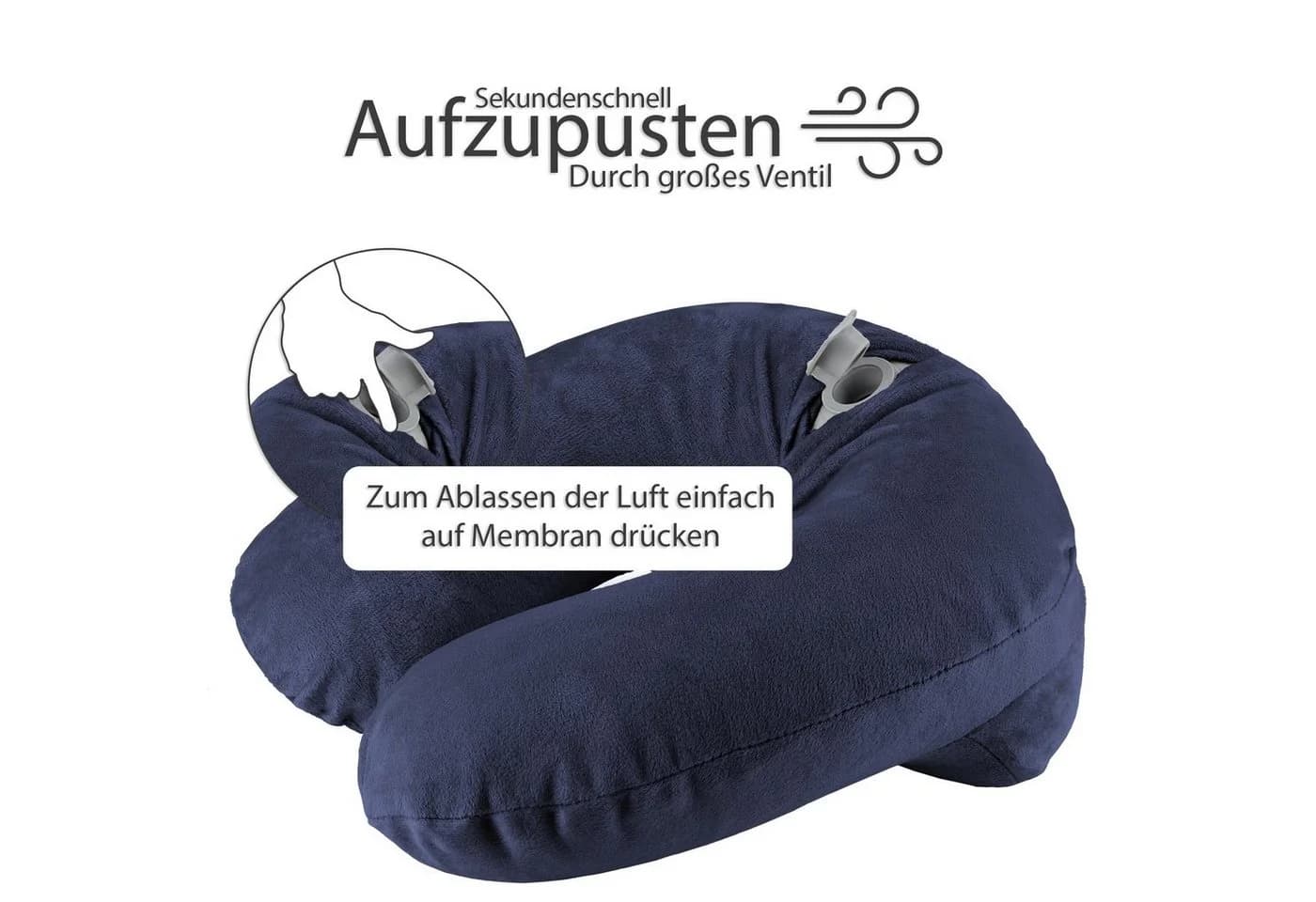 EAZY CASE Aufblasbares Nackenhörnchen Schwarz mit Stoffbezug und Reise-Set