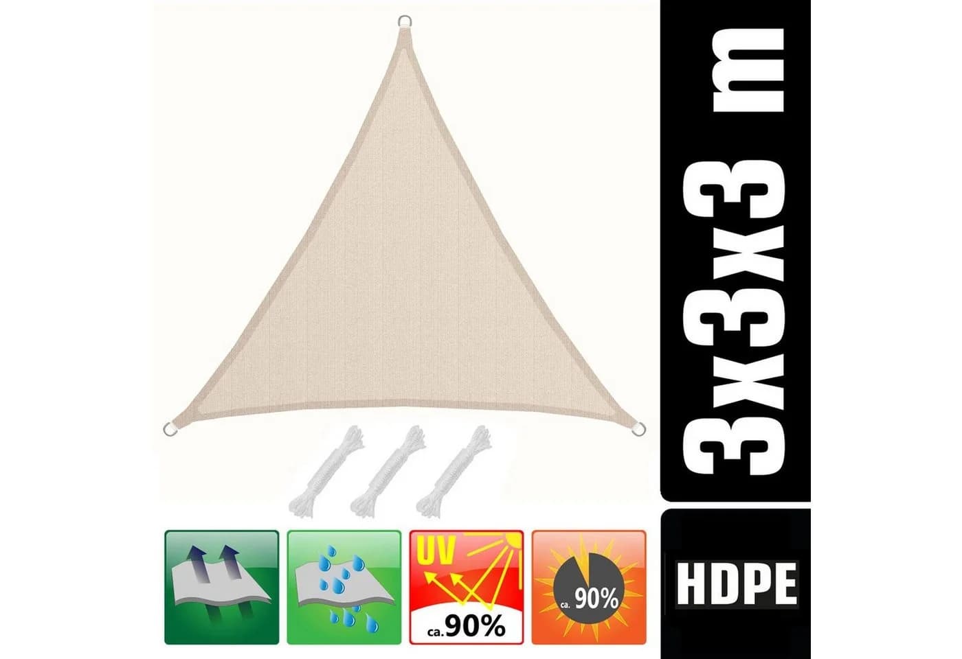 AMANKA UV Sonnensegel 3x3x3 HDPE Dreieck Sonnenschutz Überdachung Balkon Garten Beige