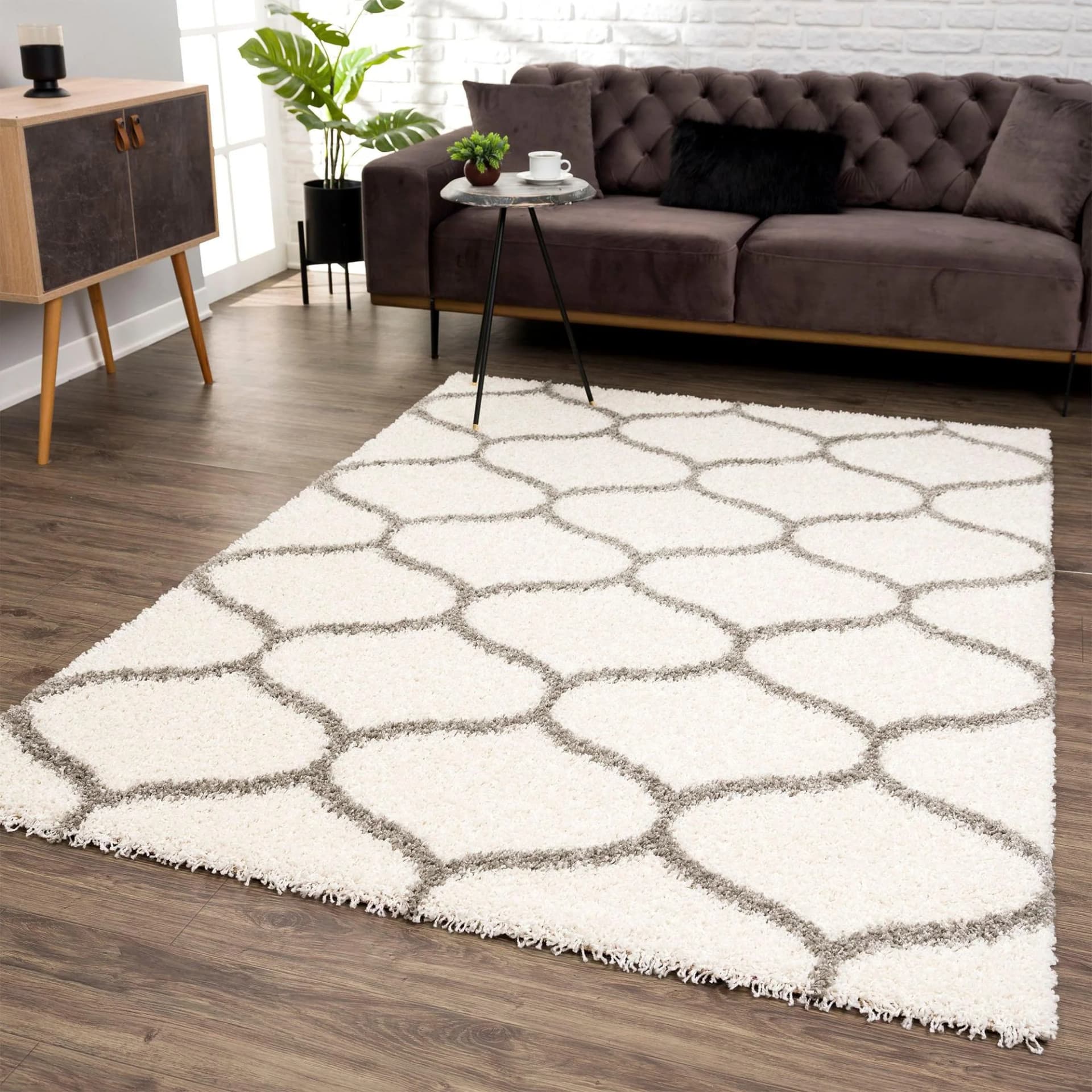 SANAT Madrid Hochflor-Teppich Beige Gestreift Kunstfaser