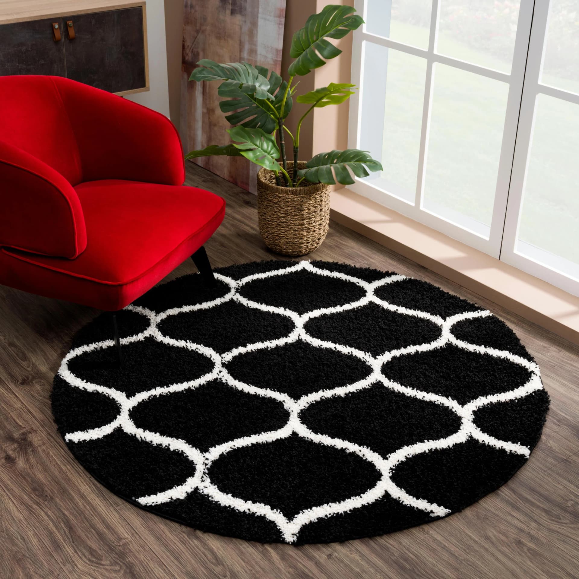 SANAT Madrid Hochflor-Teppich Schwarz Rund Shaggy