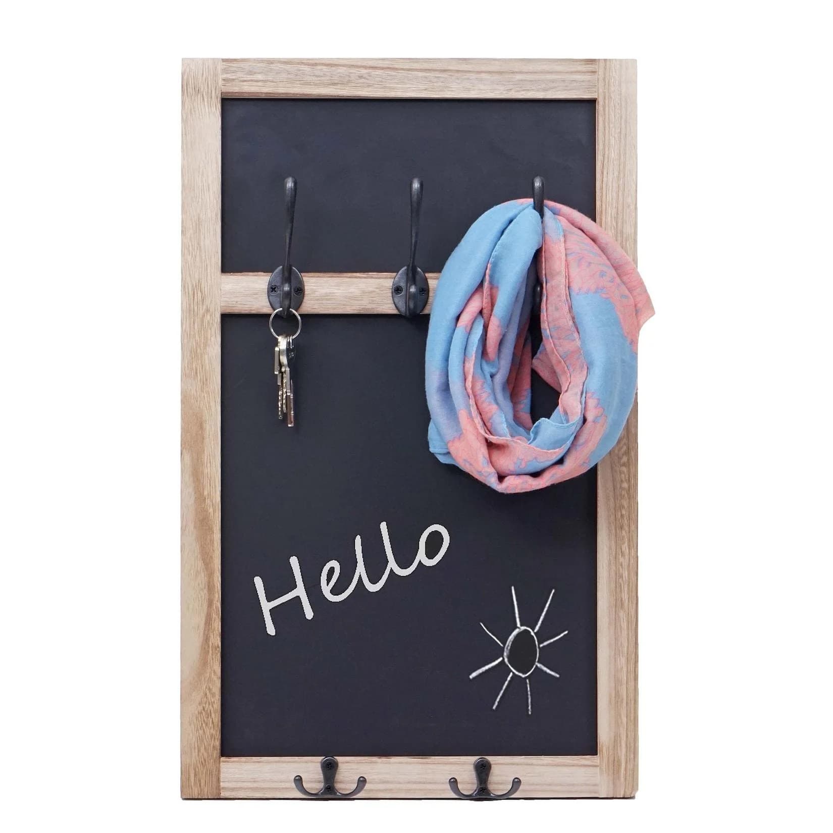 Wandgarderobe MCW-C51, Garderobe Kreidetafel Wandtafel, 5 Haken Naturbraun