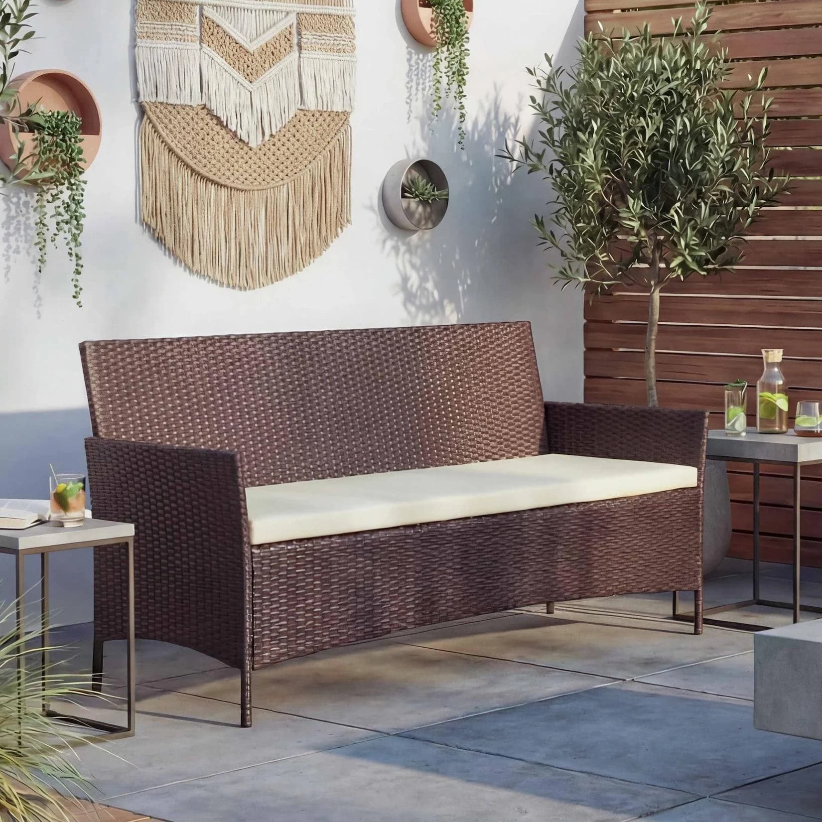 MCW 3-Sitzer Poly-Rattan Gartenbank Hamar Braun-Meliert mit Kissen Creme
