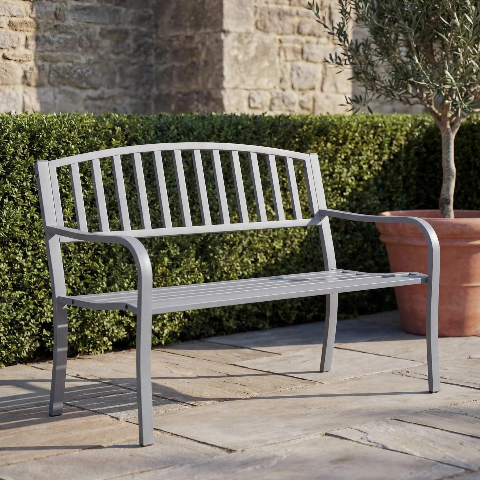 Gartenbank MCW-F43 2-Sitzer grau pulverbeschichteter Stahl